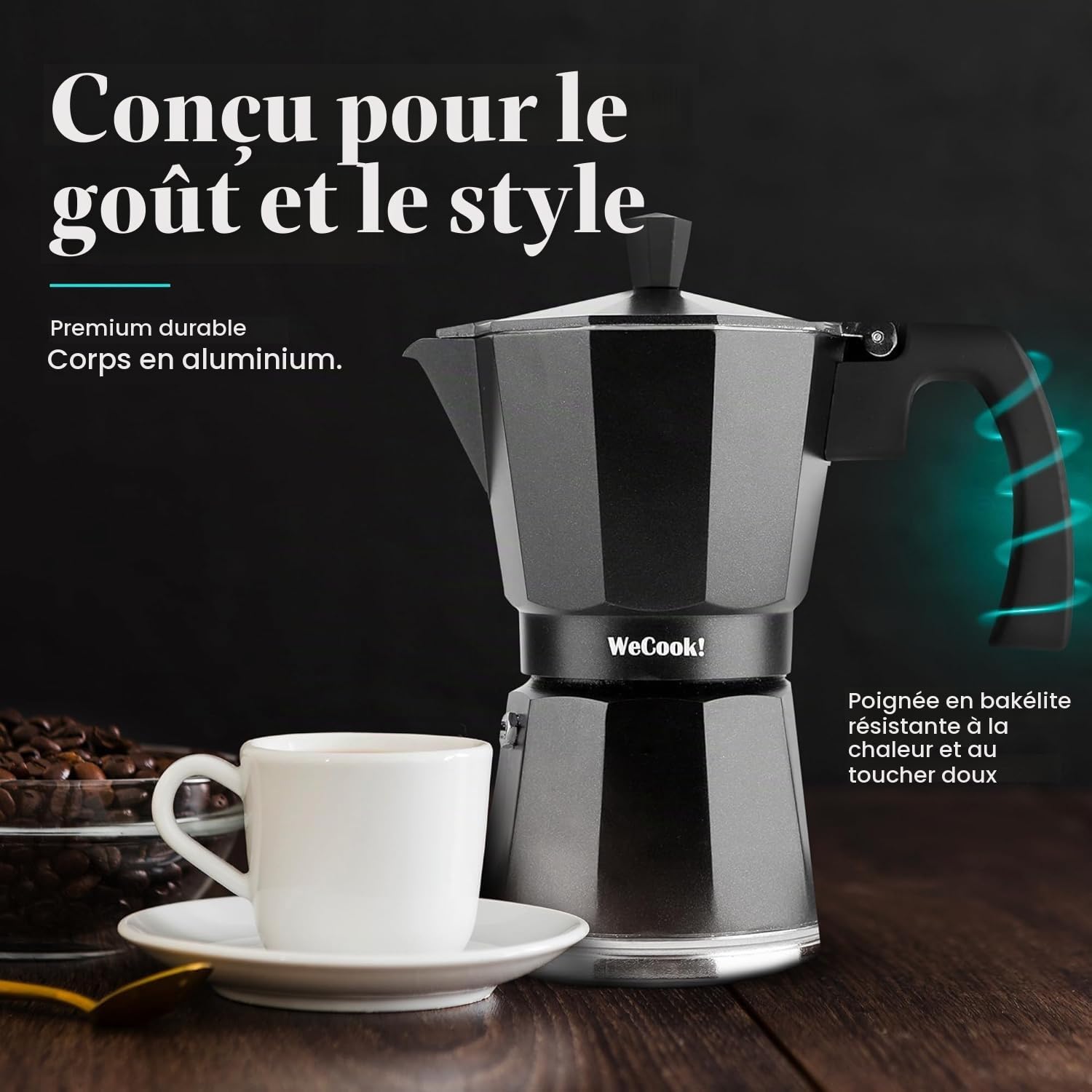 WECOOK! Luccia Cafetière Expresso Italienne à Induction en Aluminium, 1-3 Tasses de Café, Base en Acier Inoxydable, Soupape de Sécurité, Vitrocérame, Gaz, Électrique