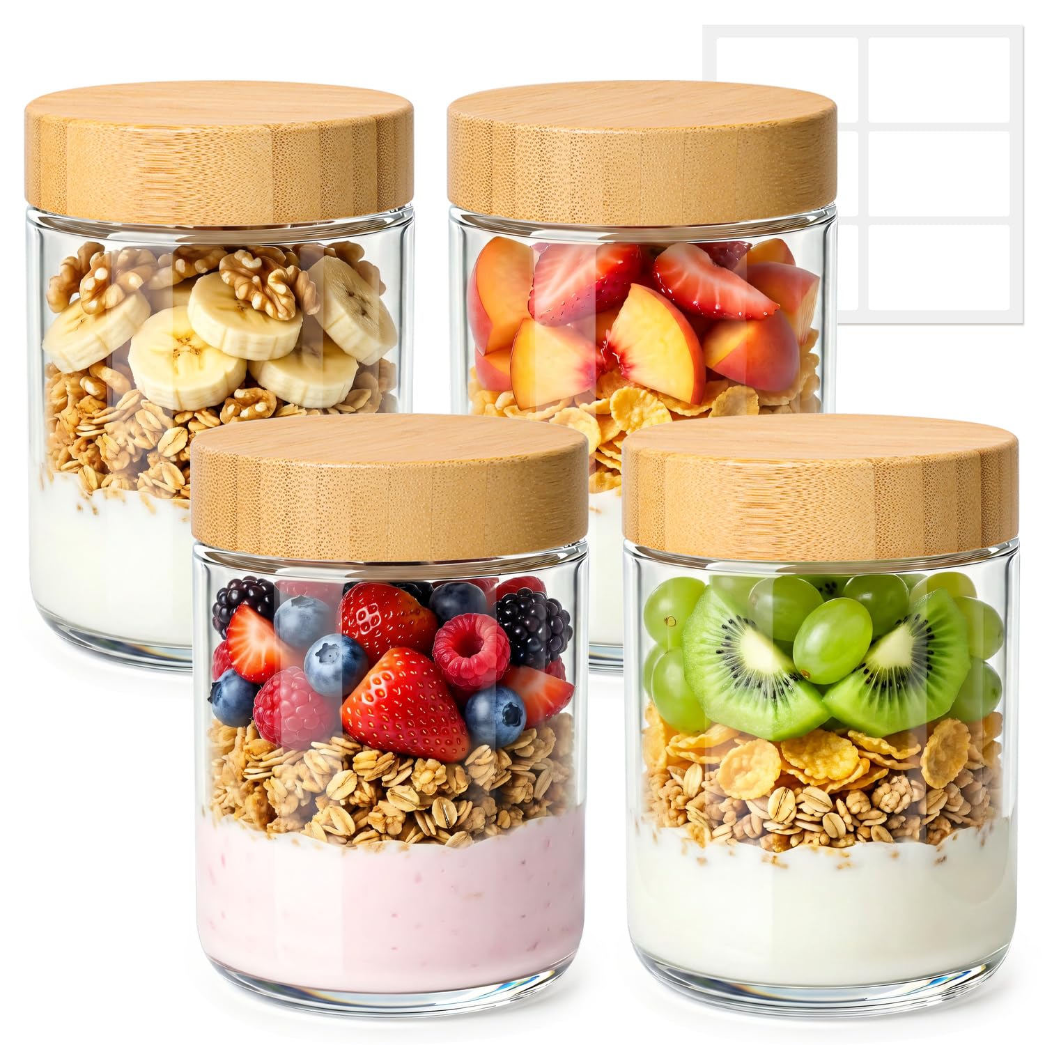 ComSaf Overnight Oats Jar 500ml, 4 Pack Glass Jars with Bamboo Lids, Leakproof Overnight Oats Container, Portable Yoghurt Pots for Make-Ahead Breakfast Yogurt Fruit Cereal Salad, Clear Storage Jars