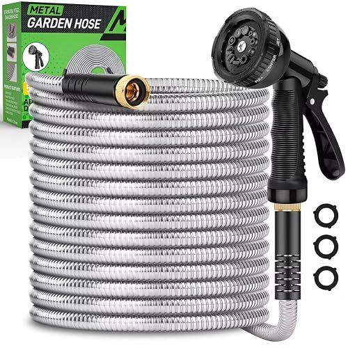 Kebose Garden Hose 50FT, Stainless Steel Hose with 10 Functional Nozzles | No Kink Metal Water Hose, Lightweight and Flexible, Leak-proof, , Easy to Use and Store, Strong and Sturdy for Yard and Lawn