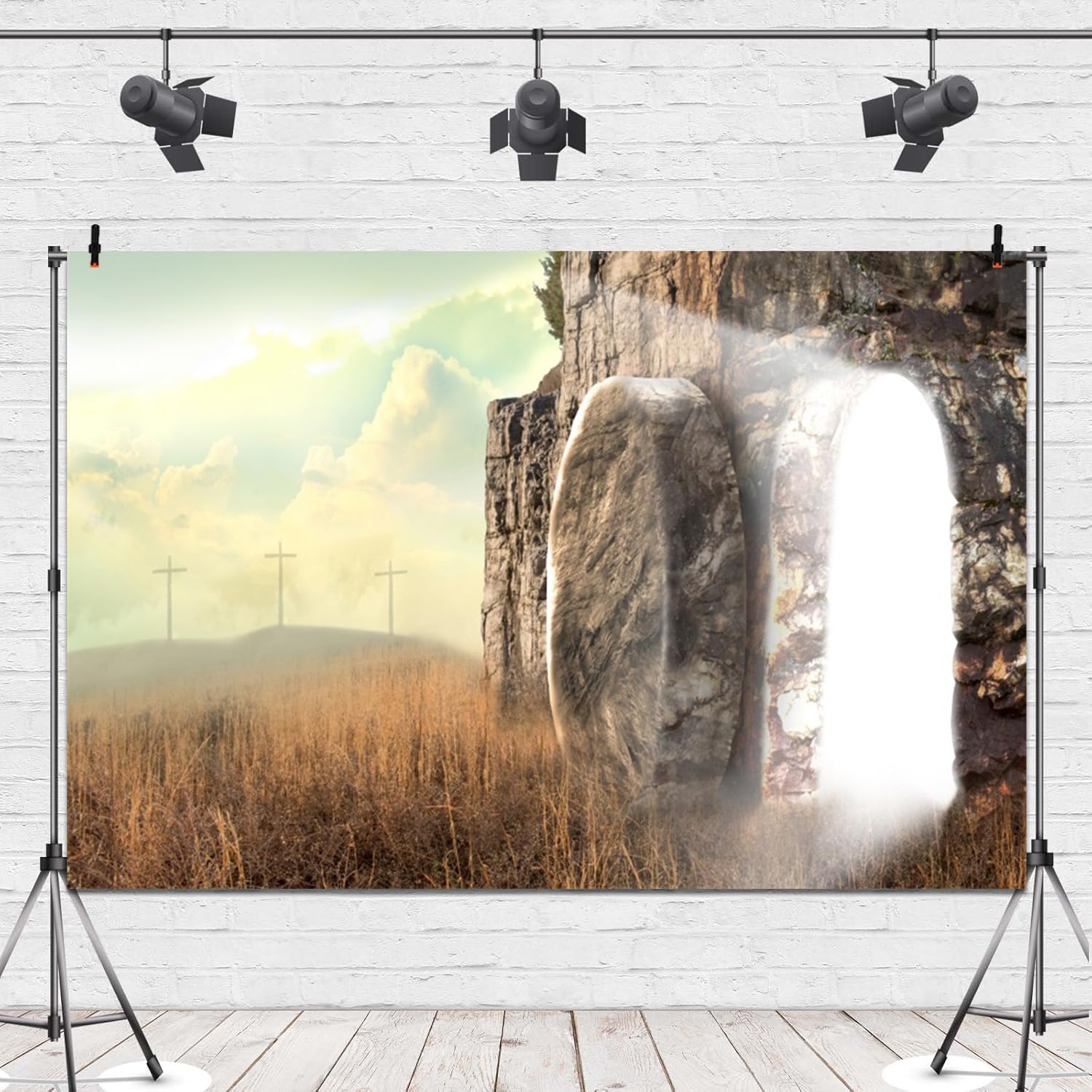 Leowefowa Puste tło winylowe, 2,7 x 1,8 m, krucyfiks, kamienny otwór, do fotografii Jezusa w dzikim świecie wielkanocnym, Pan modli się do kościoła misyjnego, wydarzenia