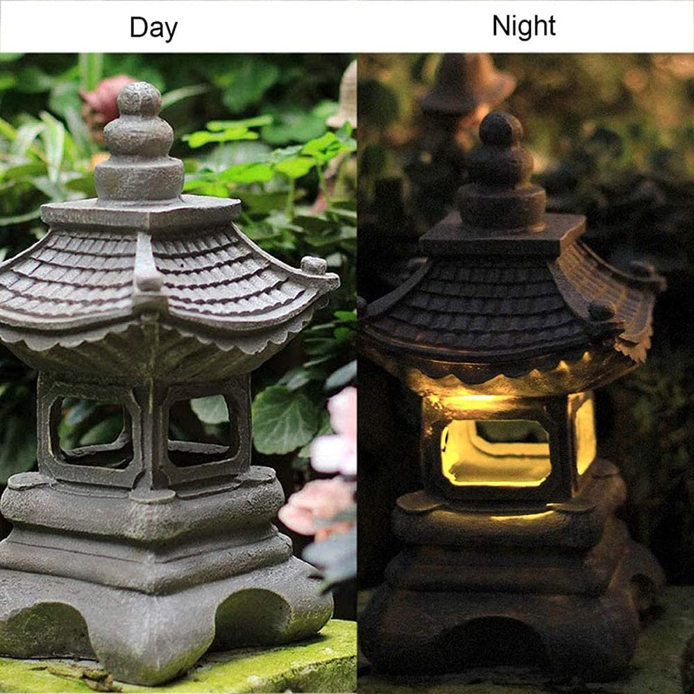 Pagoda latarnia stupa na zewnątrz ogród kamienna statuetka, japoński styl latarnia pagoda zasilana energią słoneczną LED na zewnątrz dekoracja ogrodowa, 34 cm (rozmiar: 34 cm)