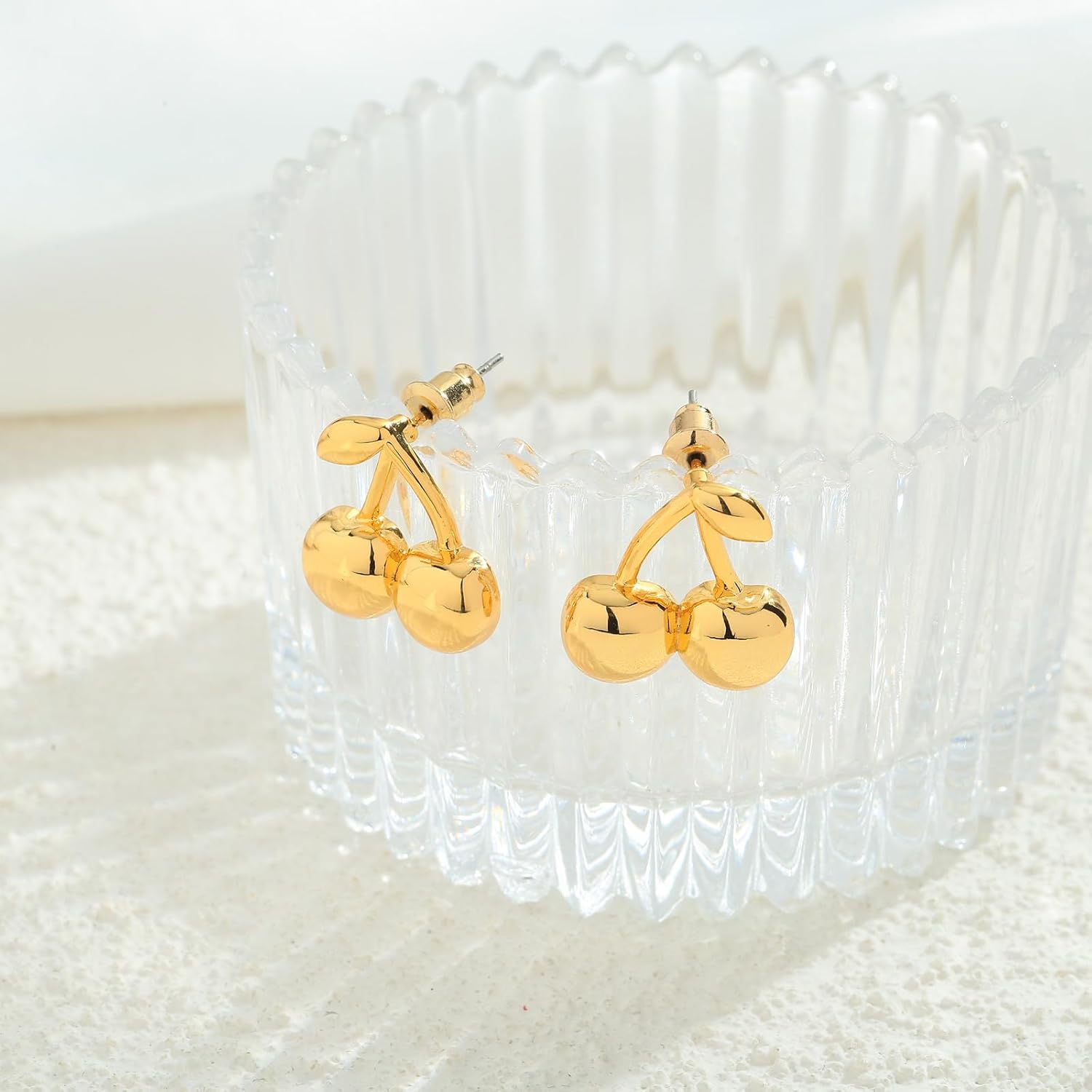 Gold Cherry Stud Earrings for Women 14K Gold Plated Cute Cherry Flat Back Earrings Studs Hypoallergenic Handmade Statement Fruit Earrings Jewelry Gifts - Image 5