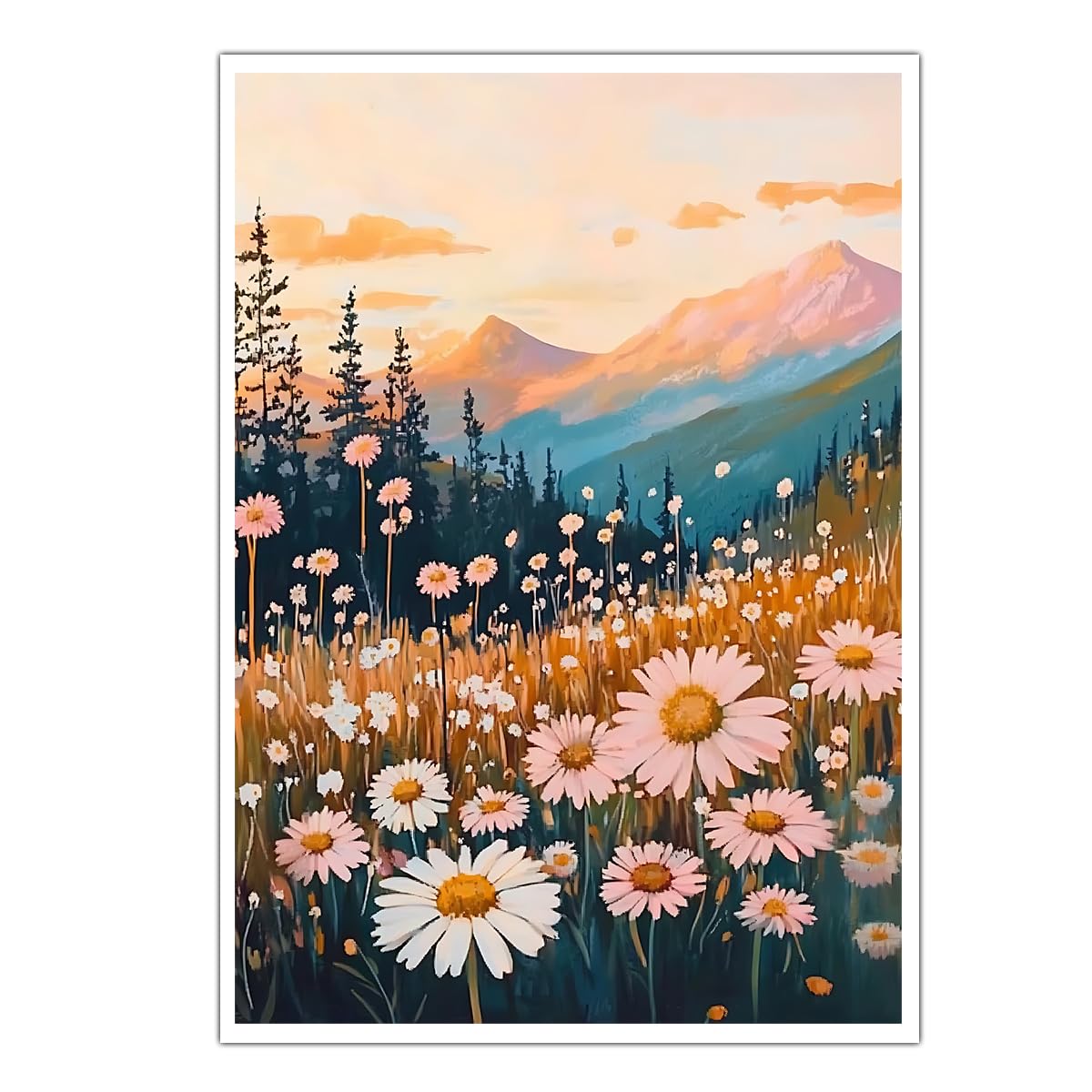 CHERHERART Sunset Valley Landscape Pictures Prints Pink White Flower Wall Art Mountain Daisy Field Canvas Poster for Bathroom Dining Room Home 25x40cm Frameless