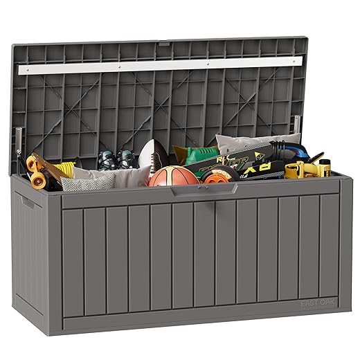 EAST OAK Outdoor Storage Box, 90 Gallon Deck Box, Waterproof Resin Storage Bin for Patio Cushions, Gardening Tools, Lockable, UV Resistant, Grey