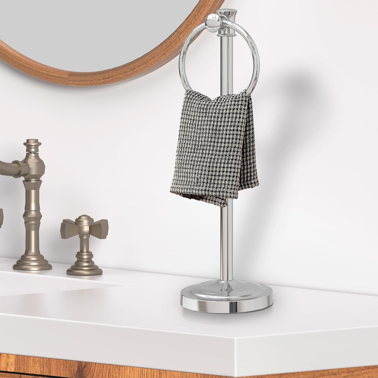 Hoimpro 17 Inch Stand Hand Towel Holder Towel Bar Towel Hanging Ring, Free Standing Floor Hand Towel Rack Storage for Bathroom Kitchen Vanity Countertops, Hardware Accessories(Polished Chrome) - Image 3