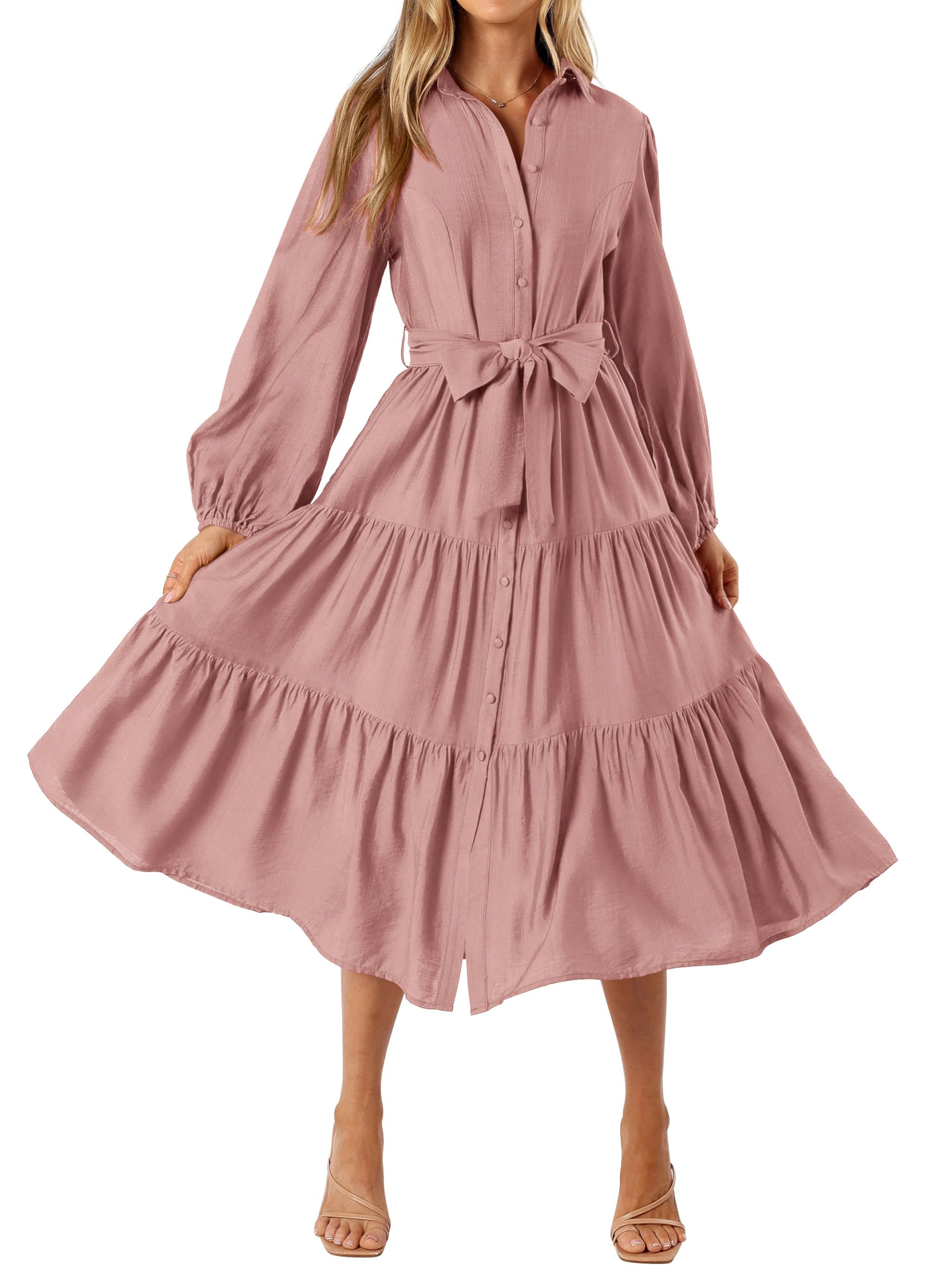 MASCOMODA Womens Dresses 2025 Fall Long Sleeve Midi Dress Casual V Neck Button Down Tiered Flowy Aline Tie Waist Shirt Dress