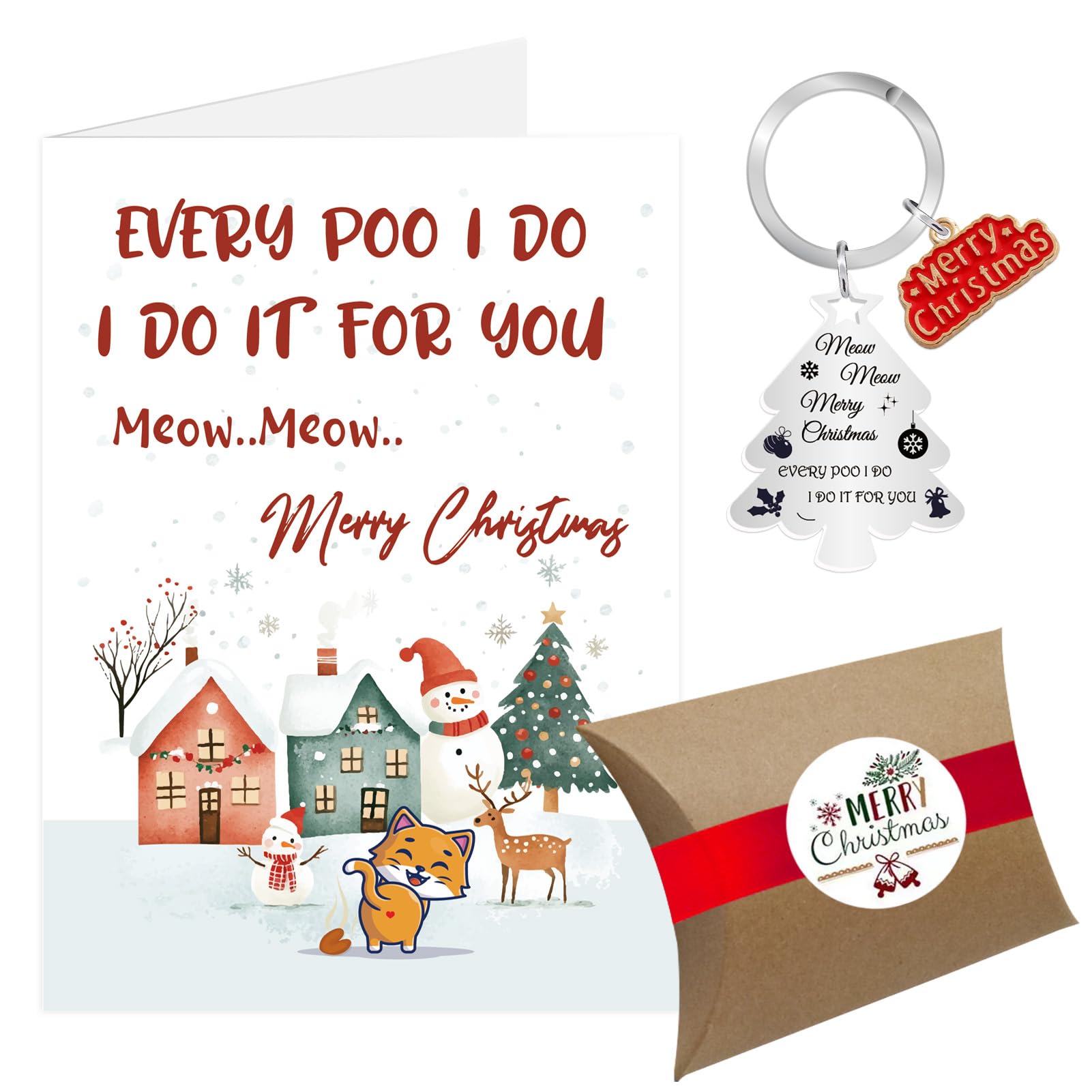 Christmas Card from the Cat, Merry Christmas Card Xmas Card from Cat, Christmas Cat Lover Keyring Gifts from Cat with Gift Box (Cat)