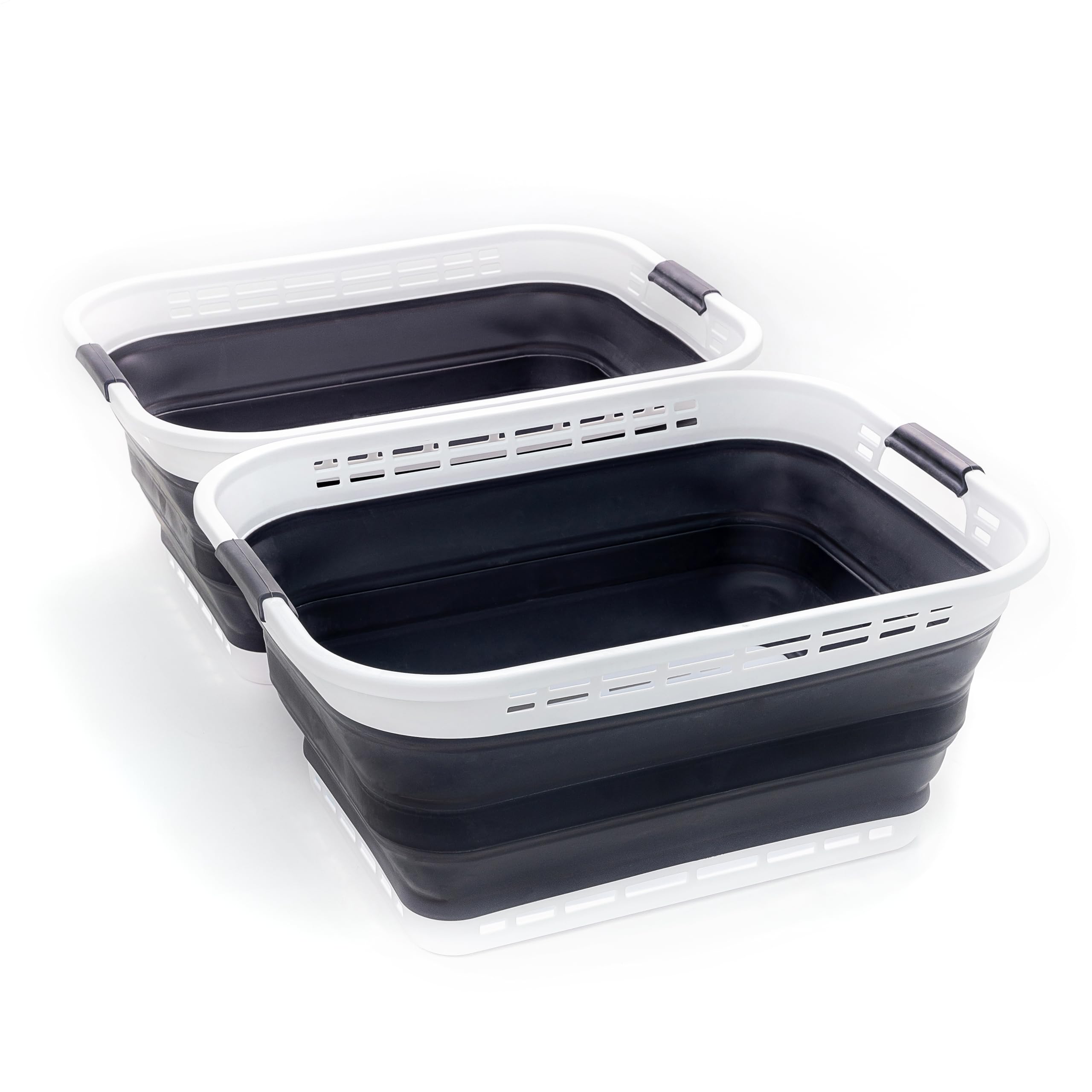 SAMMART 42L (11 gallons) Collapsible Plastic Laundry Basket - Portable Pop Up Storage Container/Organizer - Portable Hamper - Space Saving Easy Storage (White/Asphait (Set of 2))