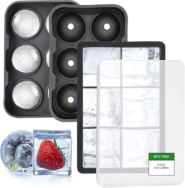 Ice Cube Tray Silicone XXL Set of 2 Ice Cube Balls & Cubes BPA-Free Reusable Ice Cube Mould Premium Ice Ball Maker Ice Cube Tray with Lid