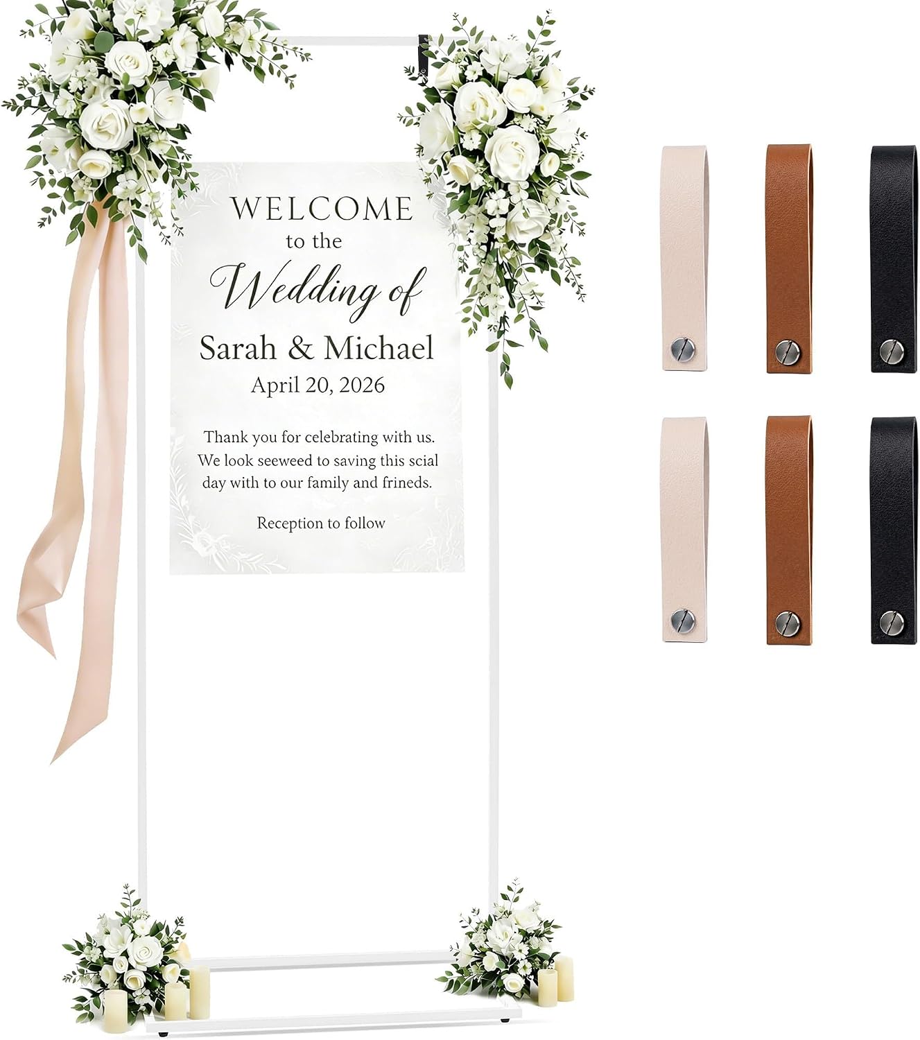 Wedding Welcome Sign Stand, 79" Extra-Tall Height - White Metal Sign Holder with 6 Leather Straps, Easel Stand for Seating Charts & Event Décor