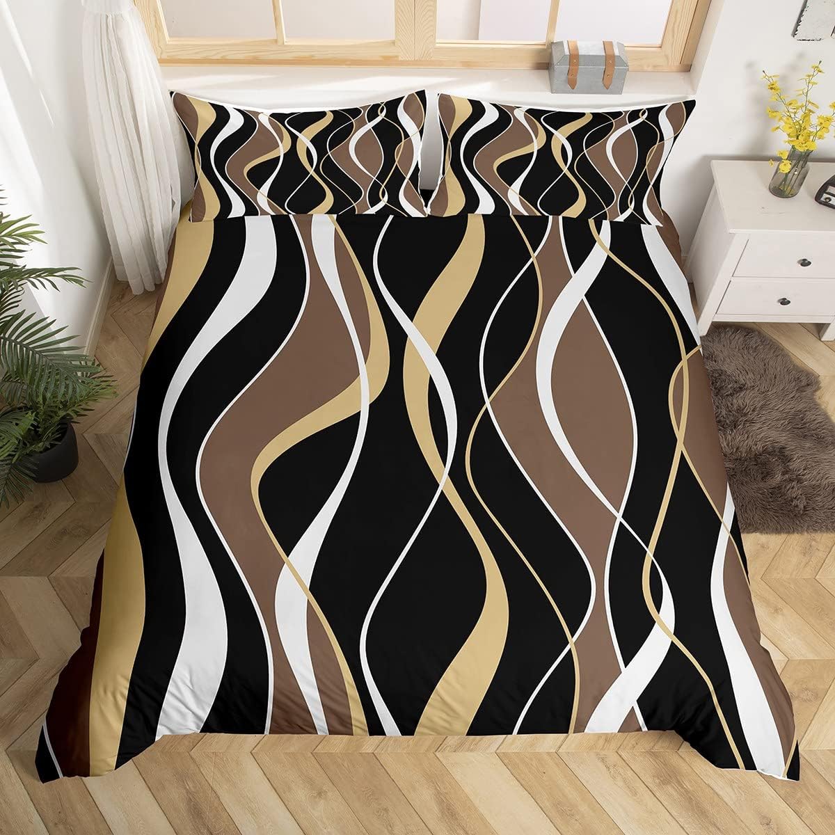 Erosebridal Black Grey Gold Bedding Set Twin Brush Strokes Oil Painting Comforter Cover, Gradient Abstract Vintage Bed Set Ombre Graffiti Duvet Cover, Contemporary Modern Quilt Cover