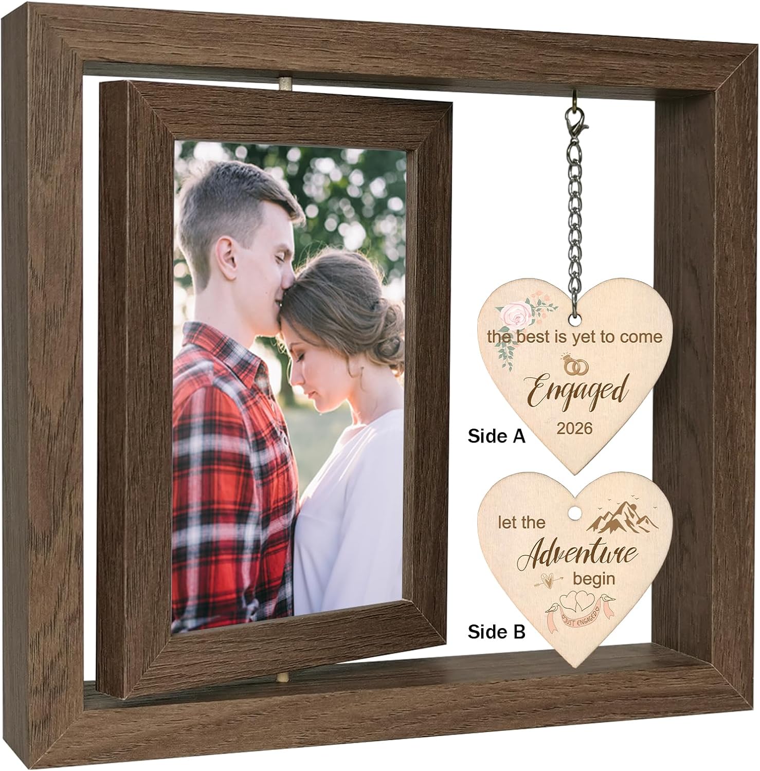 EYITUPC Rotating Engagement Picture Frame - Engagement Gifts for Couples 2026, Holds Two 4x6 Photos, Real Glass Cover, Rustic Wooden Design with Heart Pendant, Gift-Ready Packaging