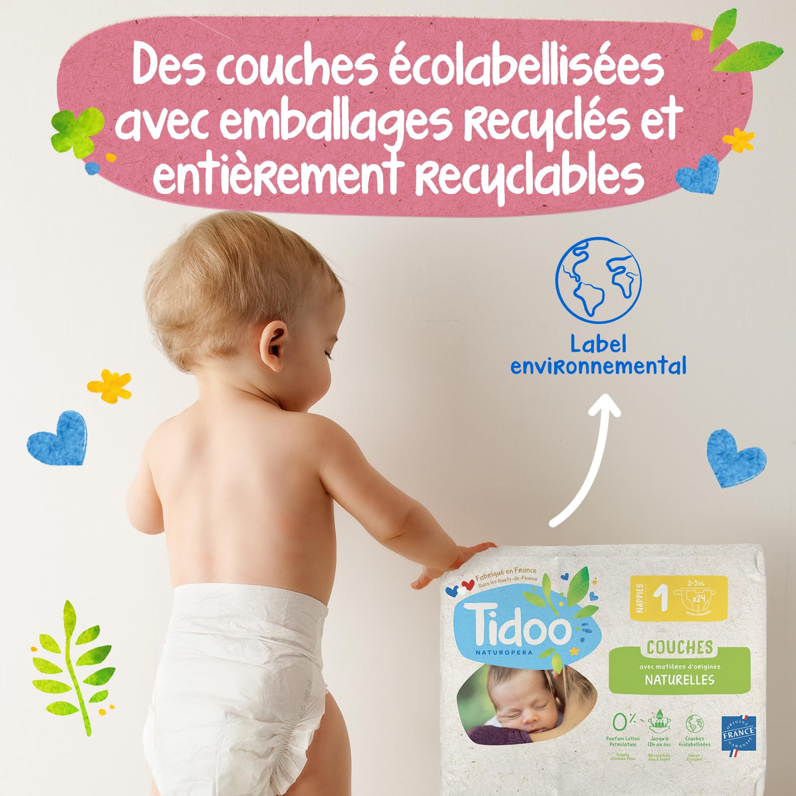 TIDOO - Couches écologique Taille 5 (12-25kg) - Origine Naturelle, sans substances nocives - 12h au sec, ultra absorbantes - Fabriquées en France - 120 Couches Jetables - Pack 1 Mois