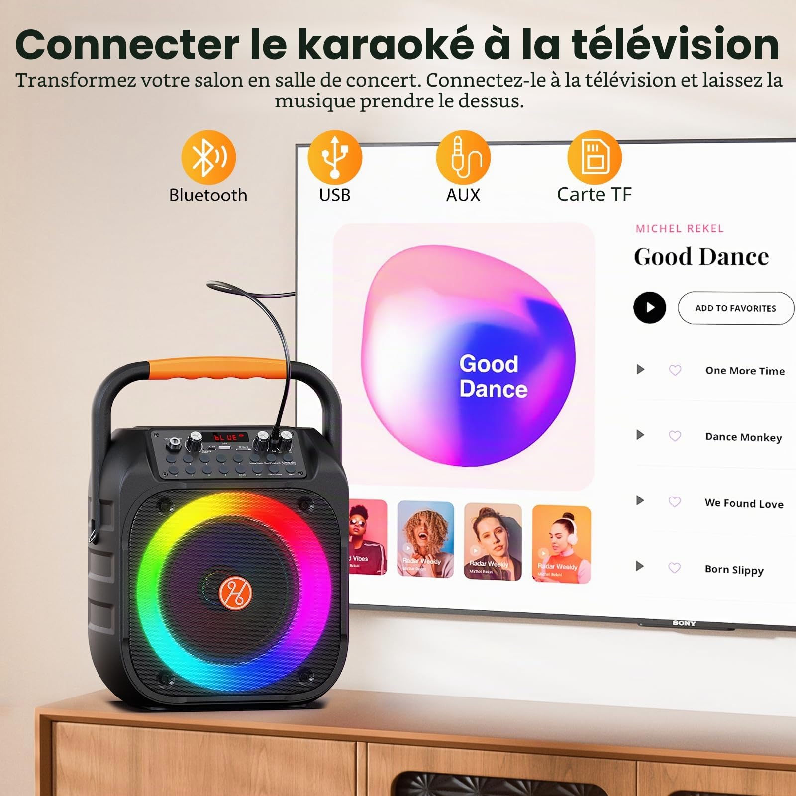 HWWR Enceinte de Karaoké avec 2 Microphones sans Fil, Haut-Parleur Karaoke Complet avec Lumières de fête, Karaoke Adulte et Enfants, Portable Système Karaoké Support AUX/FM/USB/TF Carte