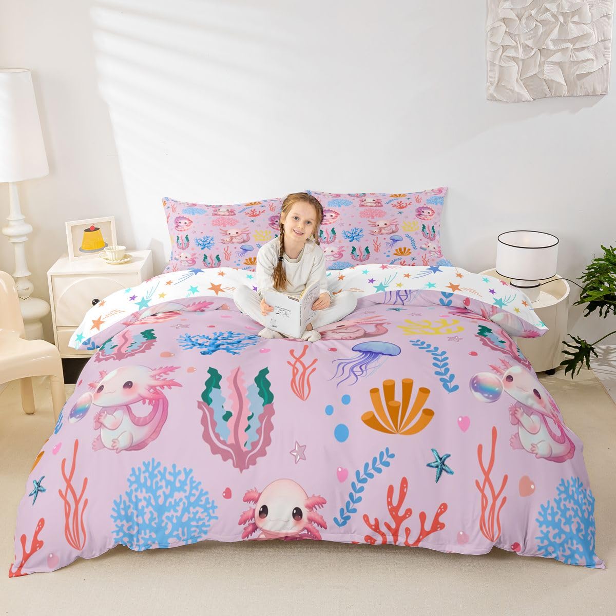 Homewish Różowa urocza pościel król aksolotl koral rozgwiazda meduza poszewka na kołdrę zestaw marzycielski podwodny świat poszewka na kołdrę kreskówka gad zwierzę zestawy łóżek