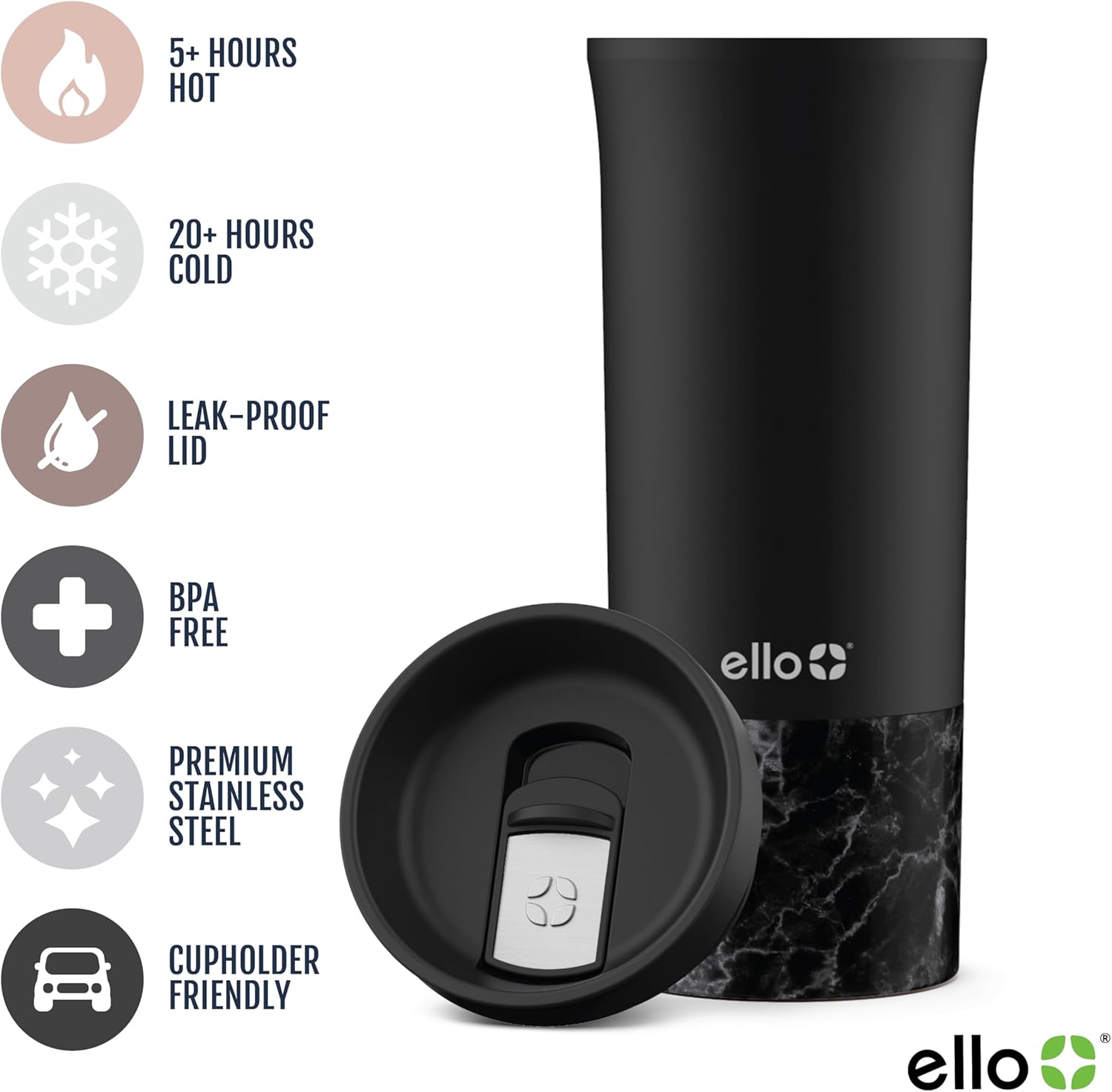 Ello Miri 16oz Vacuum Insulated Stainless Steel Travel Mug, Leak-Proof Slider Lid, Keeps Hot for 5 Hours, Perfect for Coffee or Tea, BPA-Free, Fits Most Cupholders, Holiday Gift, Black - Image 3