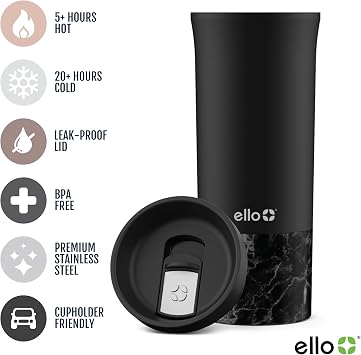Ello Miri 16oz Vacuum Insulated Stainless Steel Travel Mug, Leak-Proof Slider Lid, Keeps Hot for 5 Hours, Perfect for Coffee or Tea, BPA-Free, Fits Most Cupholders, Holiday Gift, Black