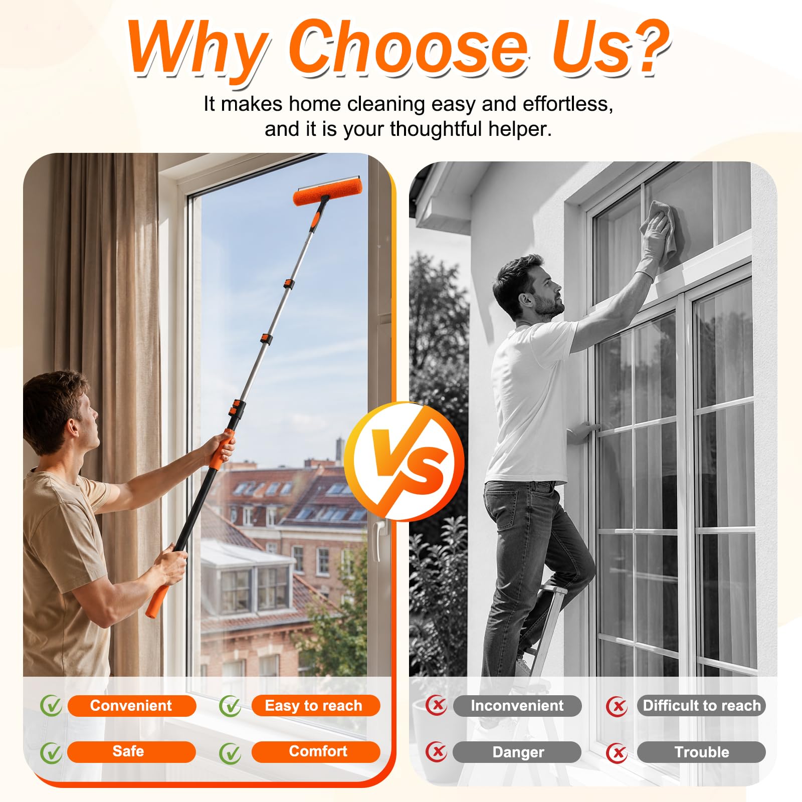 SISUPASSIE Kit per spolverare alto soffitto 9,1 m, kit per la pulizia delle finestre con asta di estensione da 2,8 a 9,5 m, spolverino per ventilatori a soffitto, piumino in microfibra, lavavetri