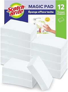 Scotch-Brite Éponge Magique en Melamine de Nettoyage, 12 par lot - Gomme Magique Pour Éliminer les Taches et les Saletés Tenaces sans Produits Chimiques, Blanc - Efface Tache