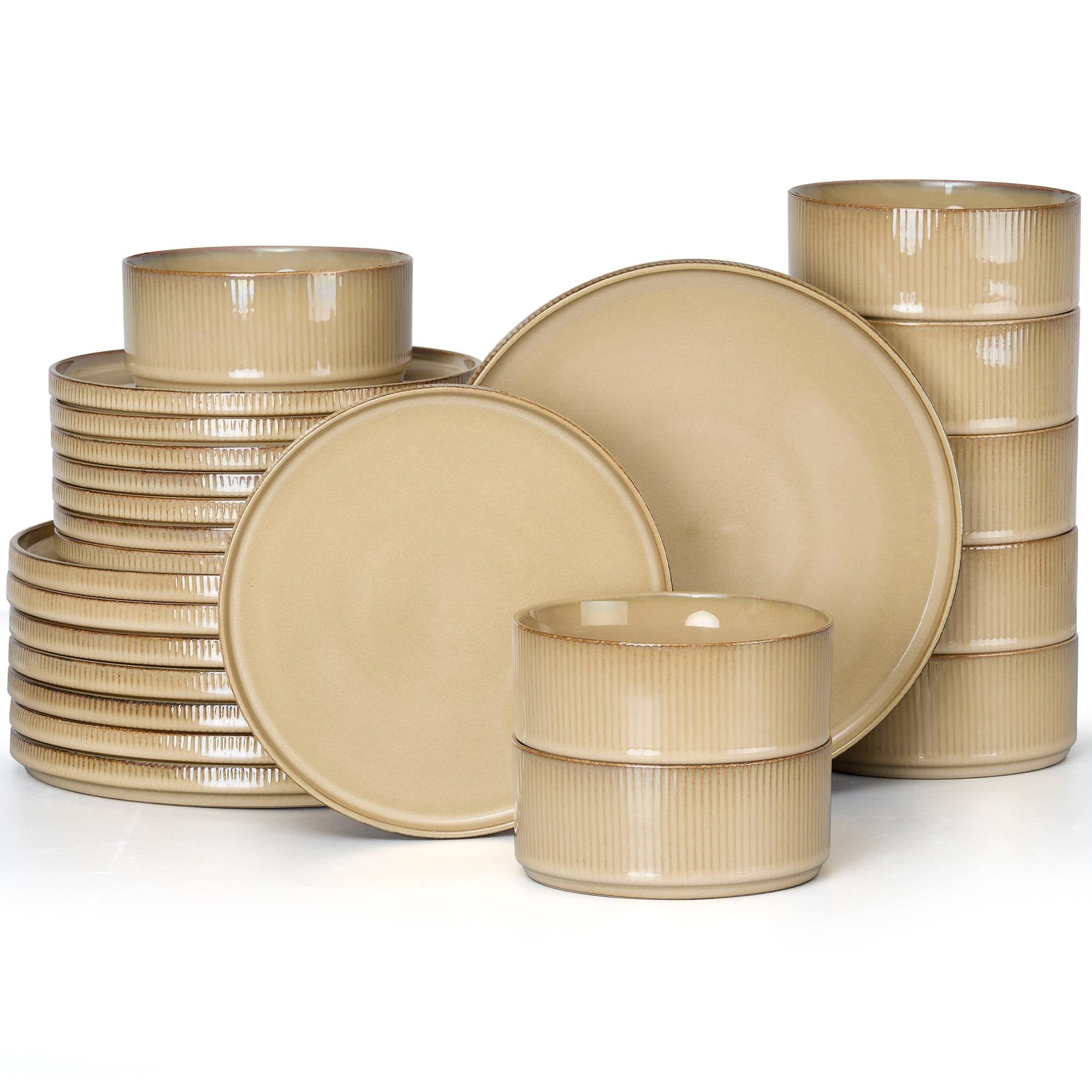 E-far 24-Piece Stoneware Dinnerware Sets, Plates and Bowls Sets for 8, Kitchen Modern Dinning Porcelain Dishes Set, Chip &amp; Scratch Resistant, Dishwasher &amp; Microwave Safe, Caramel Khaki