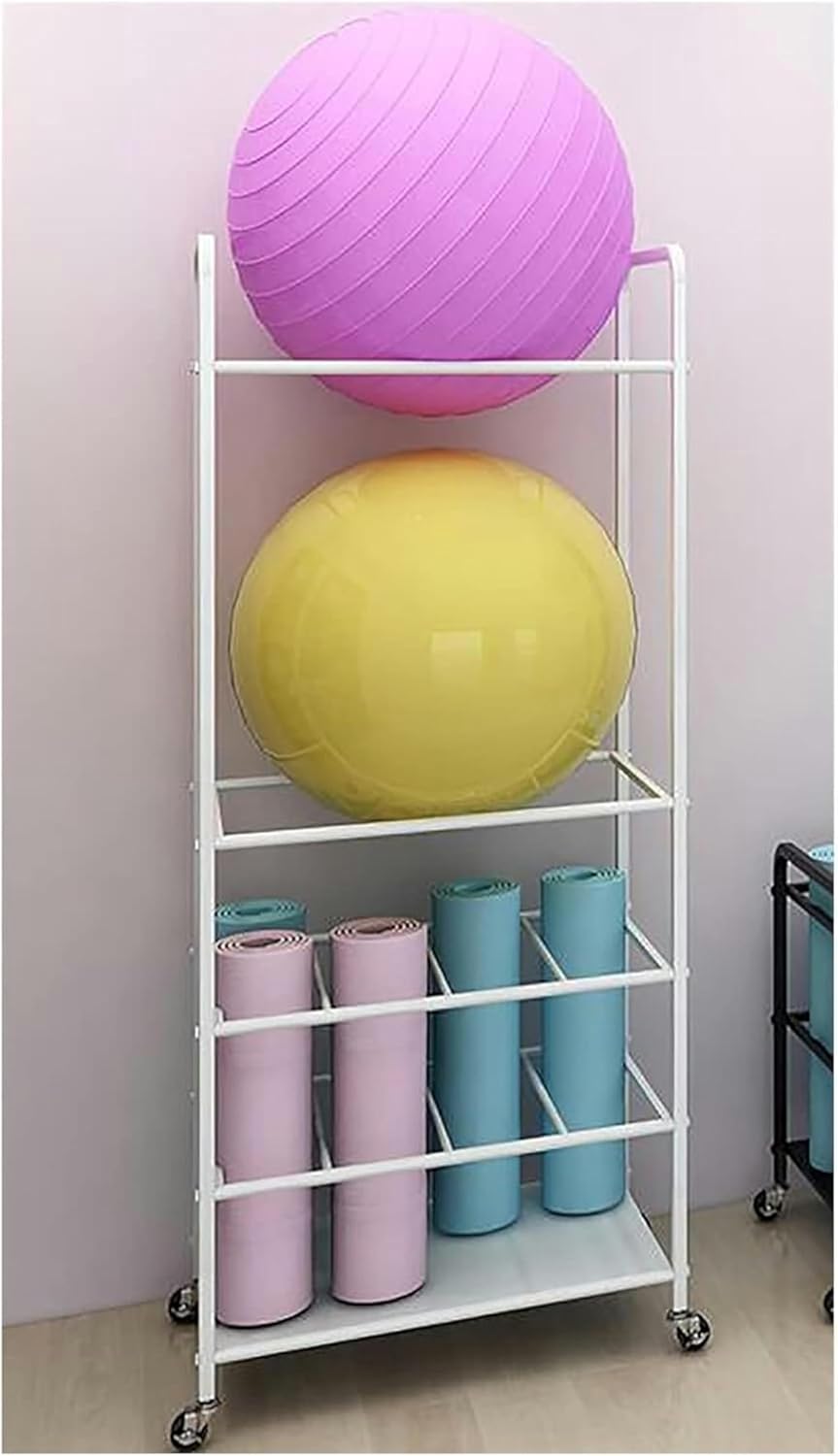 Freestanding Yoga Mat Rack Yoga Ball Storage Stand Holder, Mobile Muti-Layer Sports Equipment Organizers with Lockable Wheels, Home Gym~/