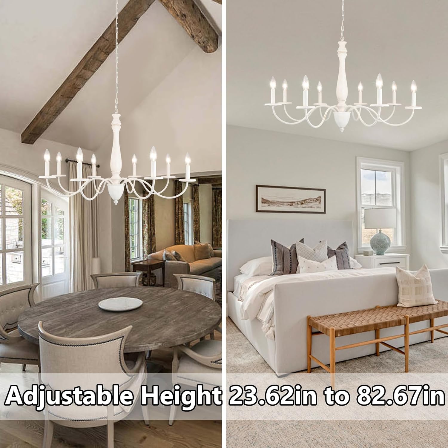 Distressed White Chandelier, 8 Lights French Country Chandelier Antique Farmhouse Chandeliers for Dining Room Light Fixture Rustic Wood Vintage Chandelier for Living Room Bedroom Foyer Entryway