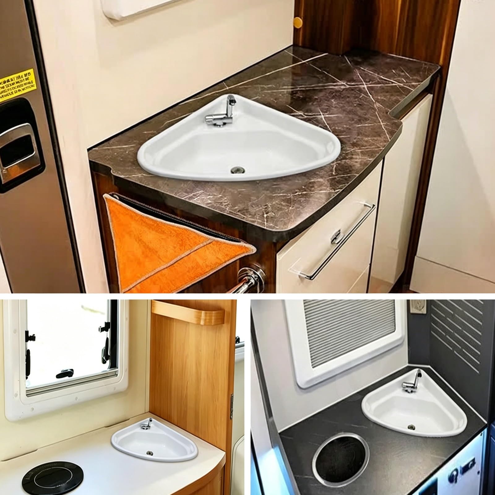 Fregadero para caravana con grifo, diseño triangular acrílico, 19 x 19 x 5.7 pulgadas, perfecto para cámper, cocina, caravana, barcos y furgonetas