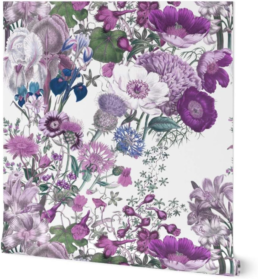 Spoonflower Removable Wallpaper 6ft x 2ft - White Lilac Lavender Floral Flowers Botanical Spring Purple Custom Pre-Pasted Wallpaper