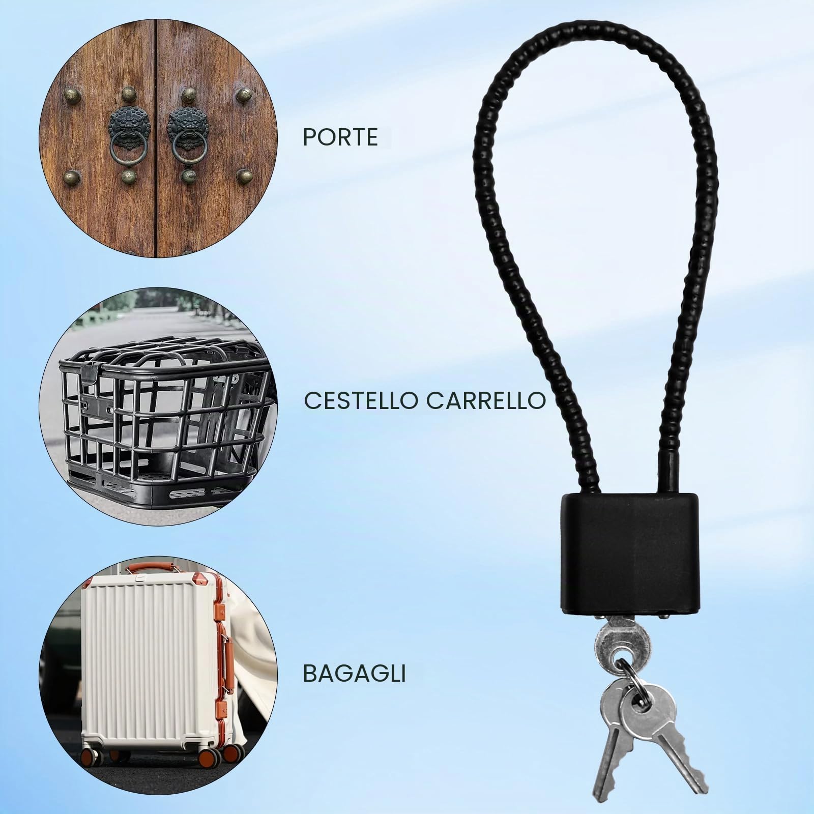 2 Lucchetti con Chiav, Lucchetto 28 CM con Fune Metallica nero a Chiavi Uguali, Lock bici, Lucchetto Armadietto, Lock Bicicletta, per Valigia, Casco, Armadio