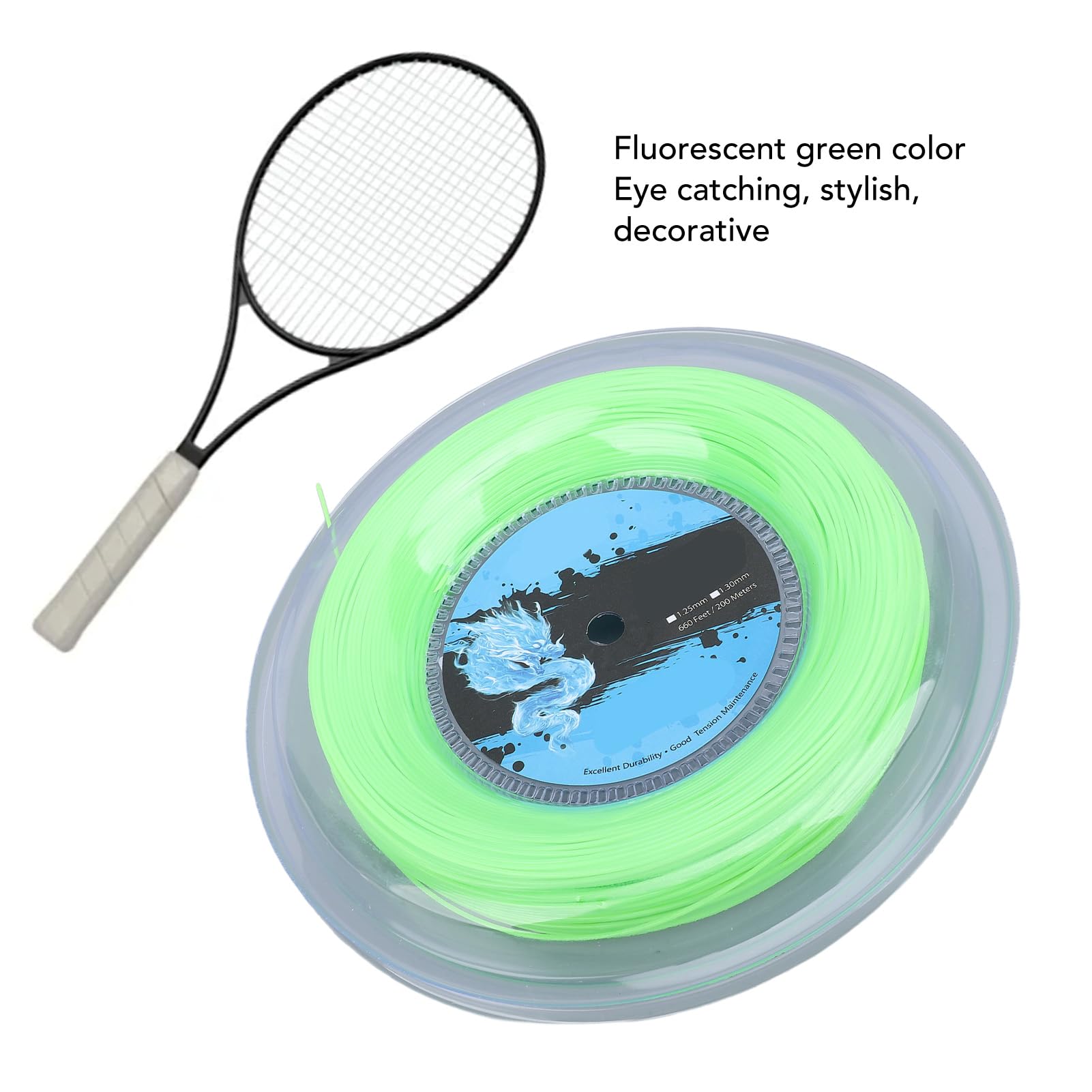 Yunir Carrete de Cuerda de Tenis, Cuerda de Raqueta de Tenis de Poliéster de 200 M con Diámetro de Cuerda de 1,3 Mm, Verde Fluorescente Vibrante, para Entrenamiento de Tenis