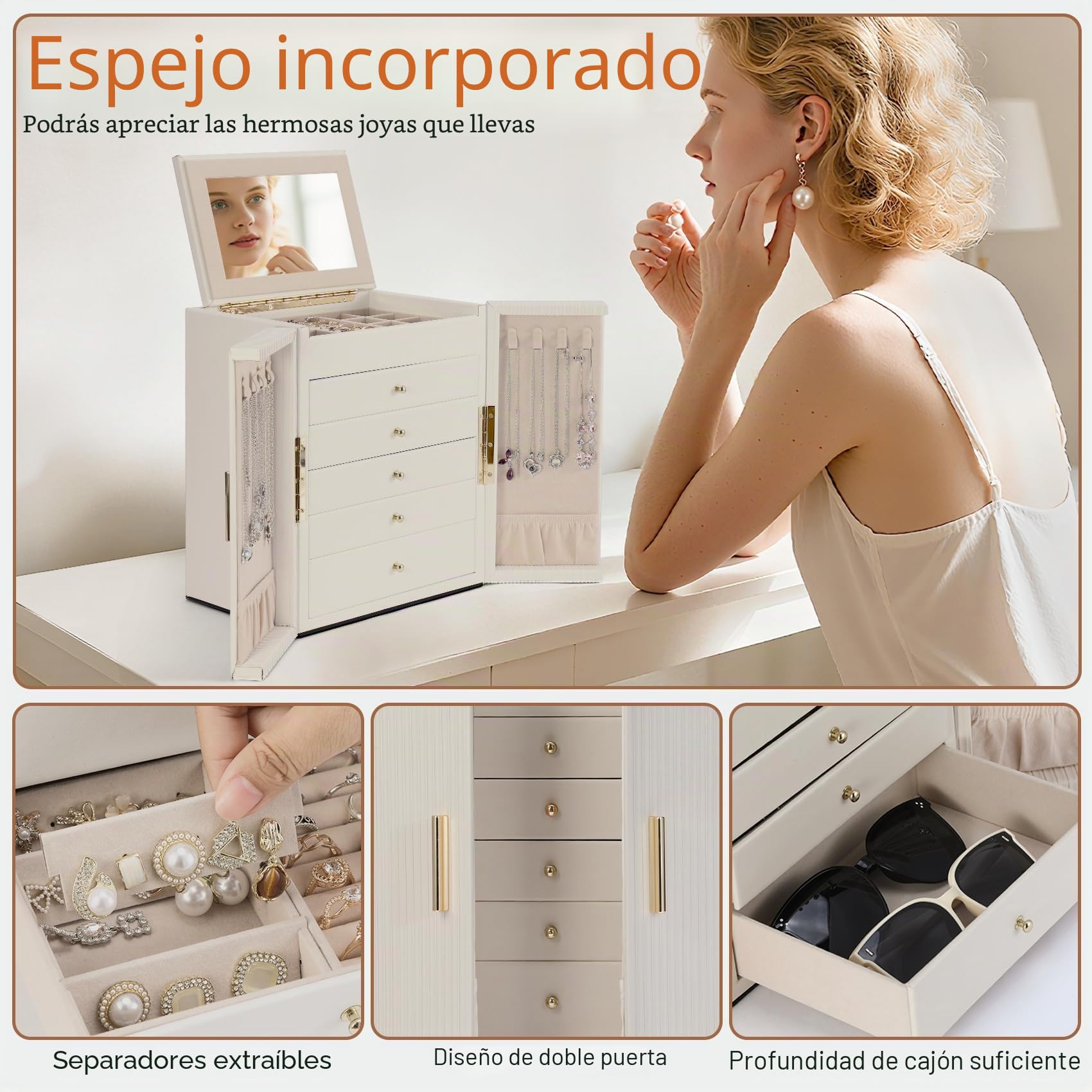 Dajasan Grande Joyeros Mujer Organizador, 6 Capas Organizador Joyas, Joyero Mujer con Espejo Para Navidad, San Valentín, Cumpleaños de la Madre, Año Nuevo (Beige)