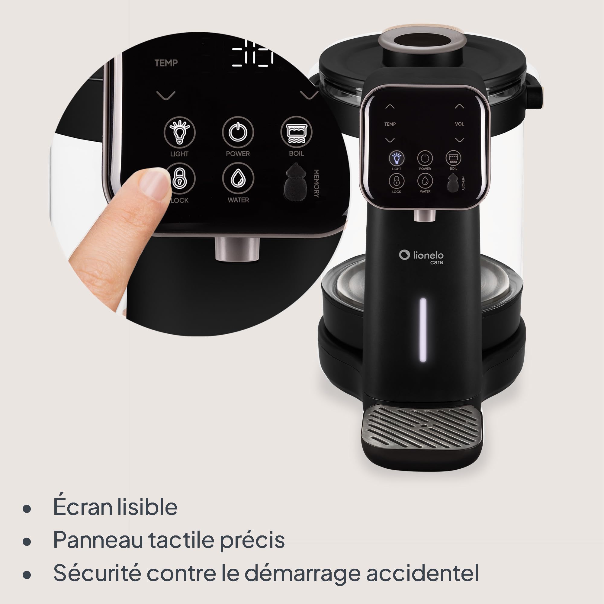 Lionelo Babypresto 2.0 Préparateur de Biberon Automatique, Noir | Chauffe-Eau Bébé 40-100°C, Dosage 30-300 ml, Réservoir en Verre 3 l, Mémoire, Écran LED, Mode Nuit et Lampe UV