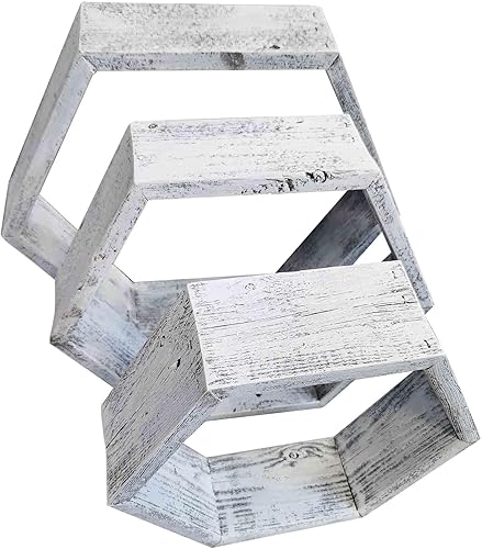 Miniatura 5 de Rockin' Wood Juego de 3 estantes hexagonales de madera reciclada rústica  Decoración de estante estilo granja  Estante bohemio para montaje en pared