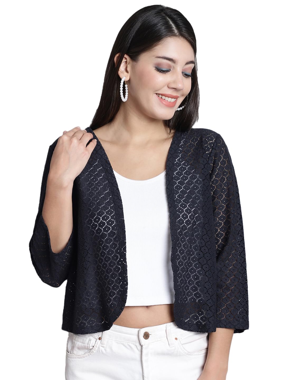 Women Self Design Lace Regular Front Open Shrug-picture-31