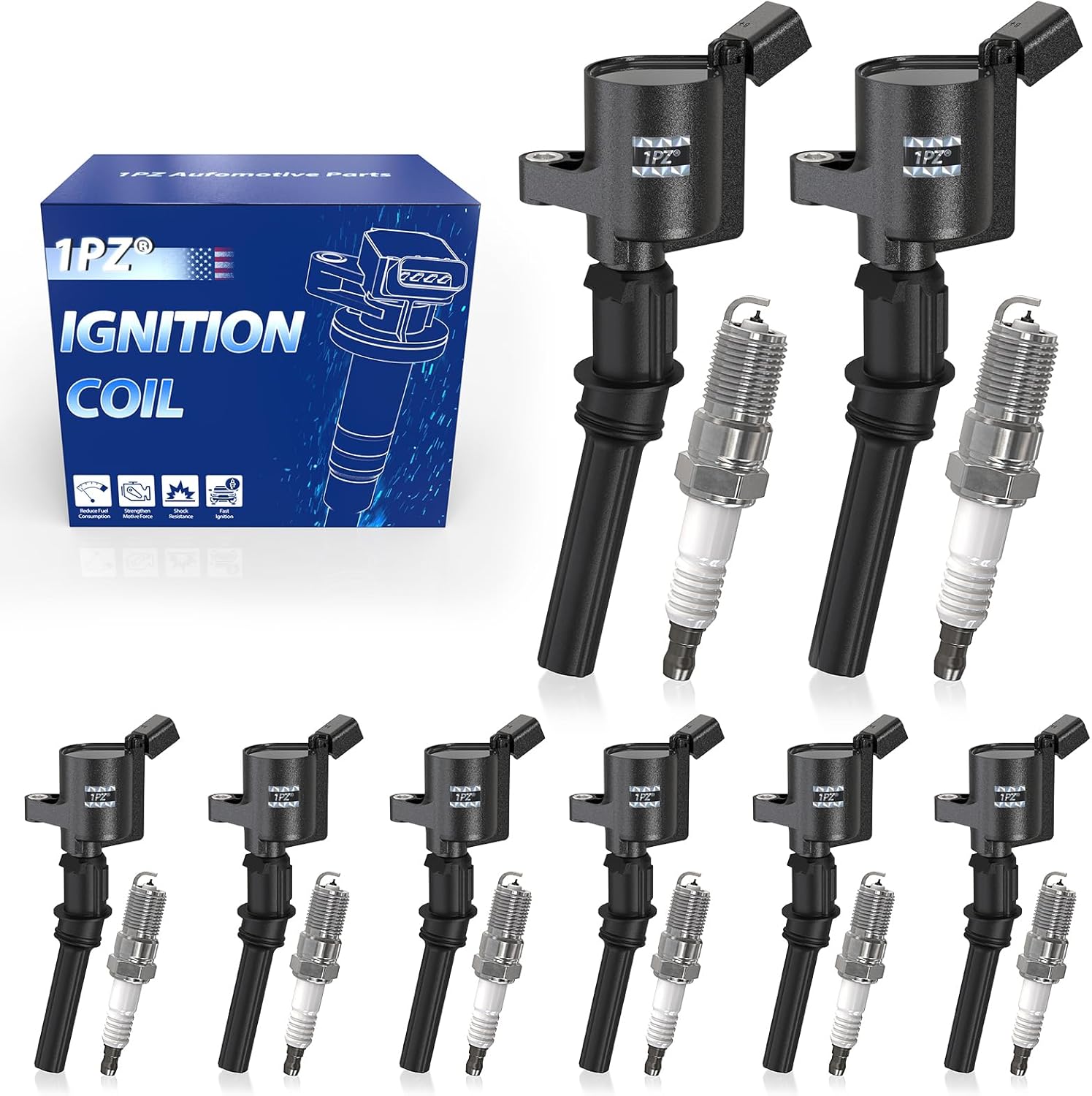 1PZ DK4-JD2 Set of 8 Ignition Coil DG508 & Motorcycle Spark Plug SP479 Replacement for Ford Crown Victoria Expedition F-150 F-250 Mustang Explorer Lincoln Mercury 4.6L 5.4L V8