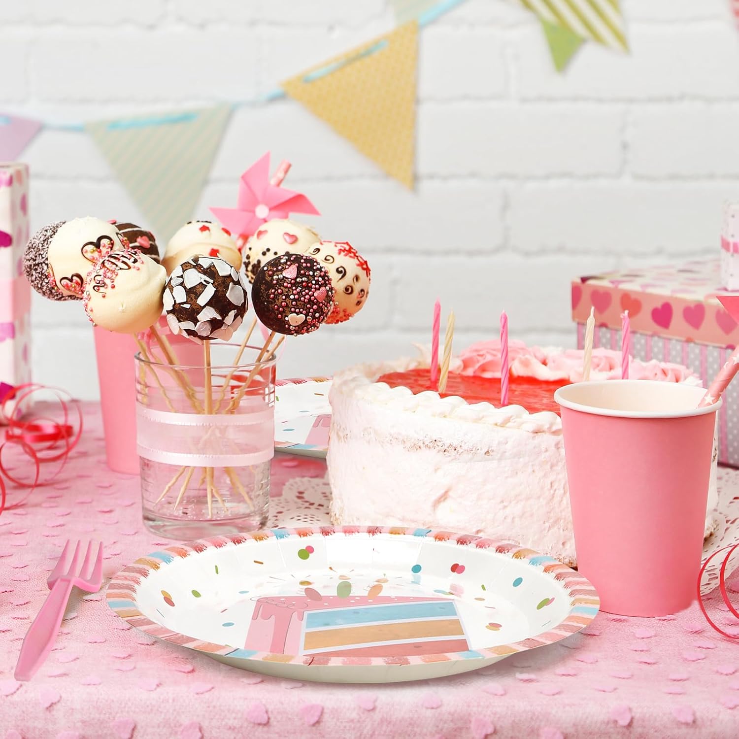 96Pcs Birthday Plates and Napkins Party Supplies, Pink Happy Birthday Cake Theme Party Paper Plates and Napkins Sets for Kids, Serve for 24 Guests, Striped Edge