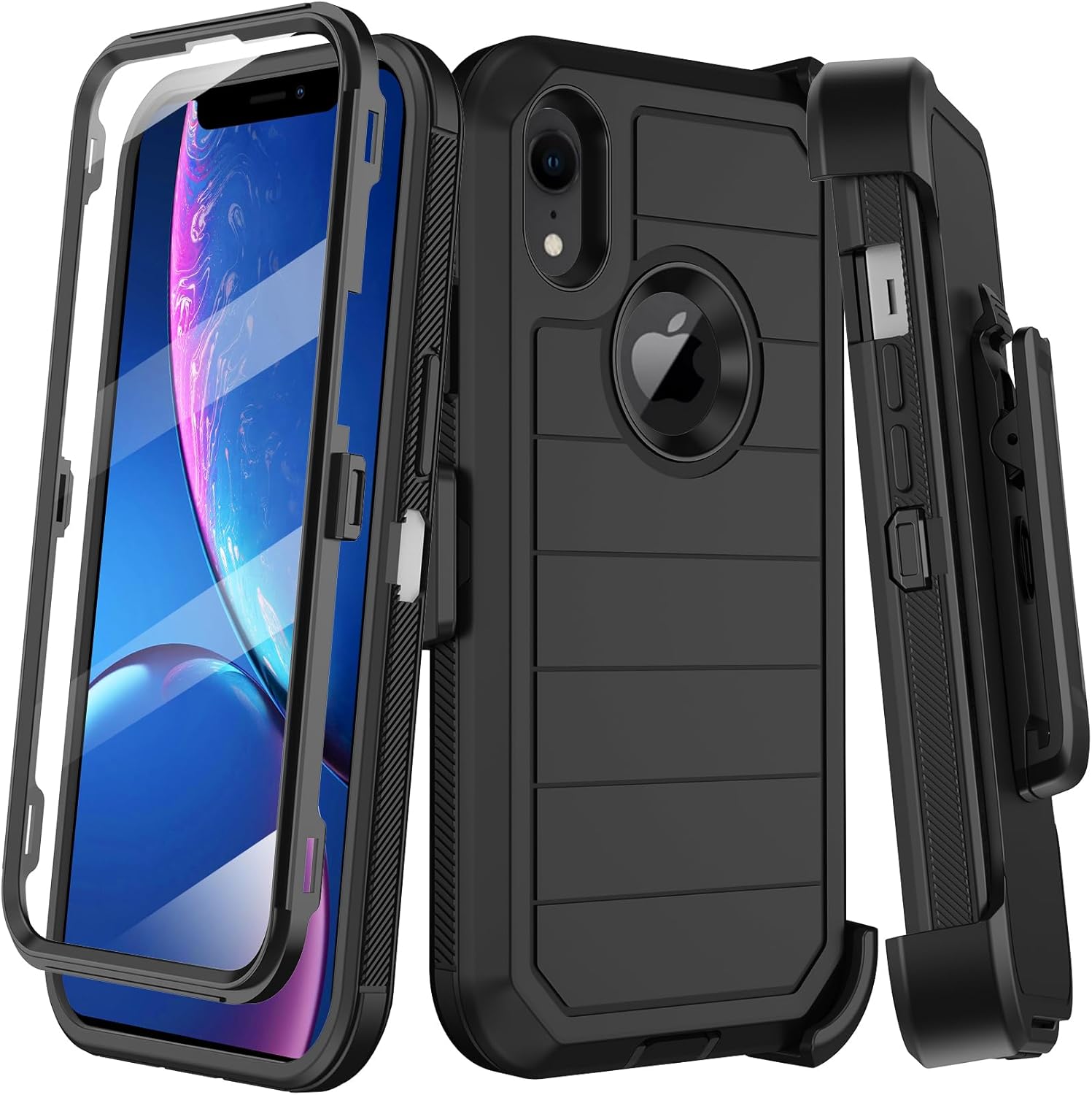for iPhone XR Case with Built-in Screen Protector,Belt Clip Holster,Heavy Duty Shockproof Drop Protection Military Grade Rugged Full Body Durable Phone Cover with Kickstand (Black)