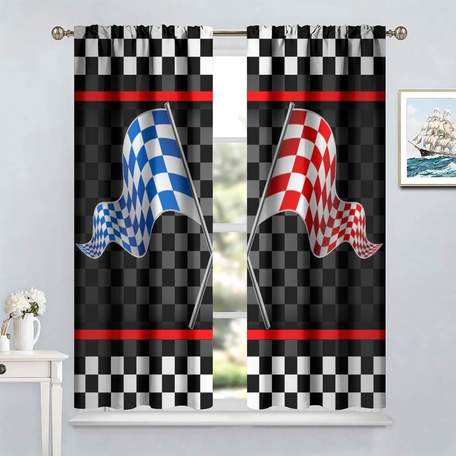 Race Car Flag Kids Curtains Abstract Modern Art Racing Car Blue Red Checked Flag Rod Pocket Blackout Window Drapes for Bedroom Living Room Kitchen Decor W27.5xL63in 2 Panels