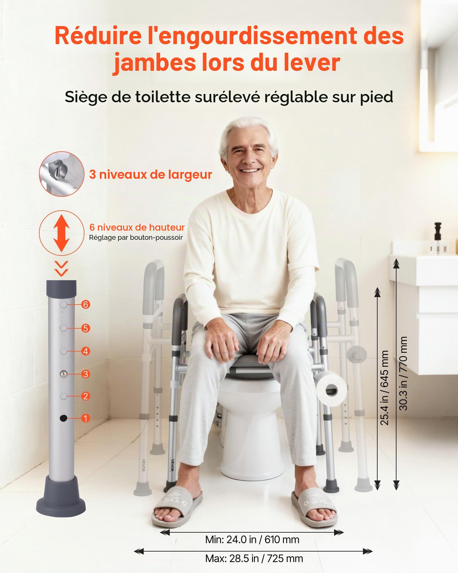 VEVOR Rehausseur de Toilette avec Accoudoirs, Réhausse WC Charge 181 kg, Siège de Toilette Surélevé Hauteur et Largeur Réglables, Coussin Rembourré, Personnes Âgées Handicapés Patients Enceintes