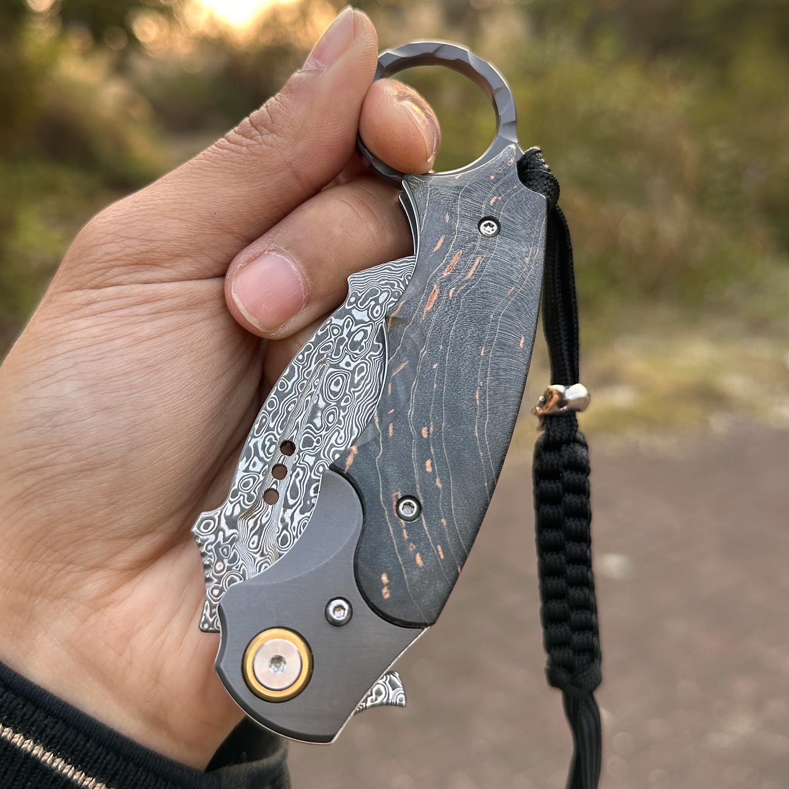 Handgefertigtes Damaszener-Stahl-Klappmesser, mit Rindslederscheide und Taschenclip, 2.8in Klinge, Klappmesser Taschenmesser, Holzgriff, Männer und Frauen Outdoor-Camping-Dienstprogramm Messer