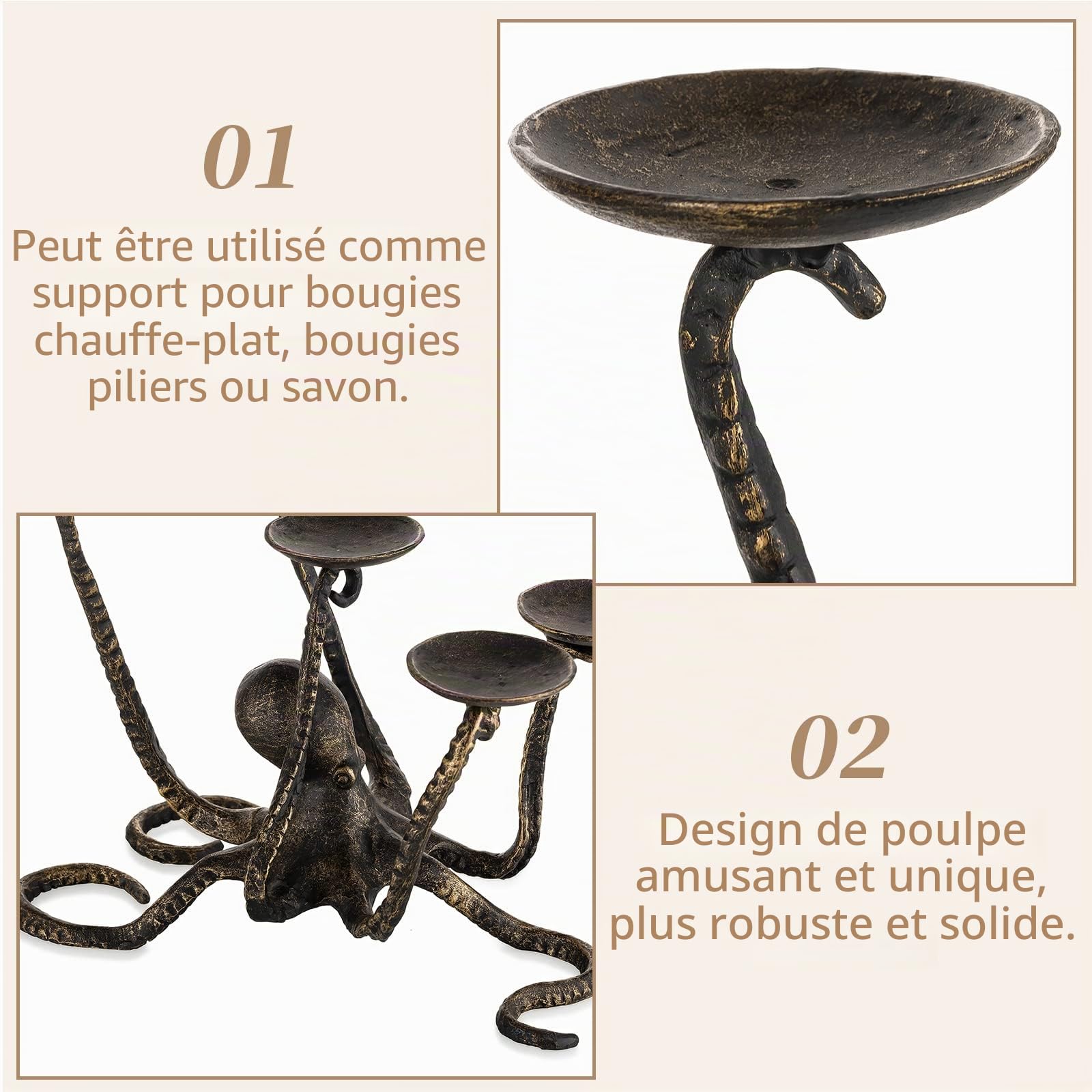 Sziqiqi Bougeoir Pieuvre pour 5 Bougies, Chandeliers Supports pour Bougies Chauffe-Plat Piliers en Fonte Figurine Gothique Candélabres Décorative Centre de Table pour Halloween Cheminée Décoration