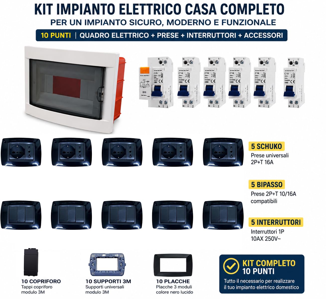 Kit Impianto Elettrico Casa Completo Compatibile Living Light Nero con Quadro Elettrico da Incasso 8 Moduli + Salvavita Differenziale C25 + 4 Magnetotermici C16 + 1 Magnetotermico C10 – 5 Schuko + 5 B
