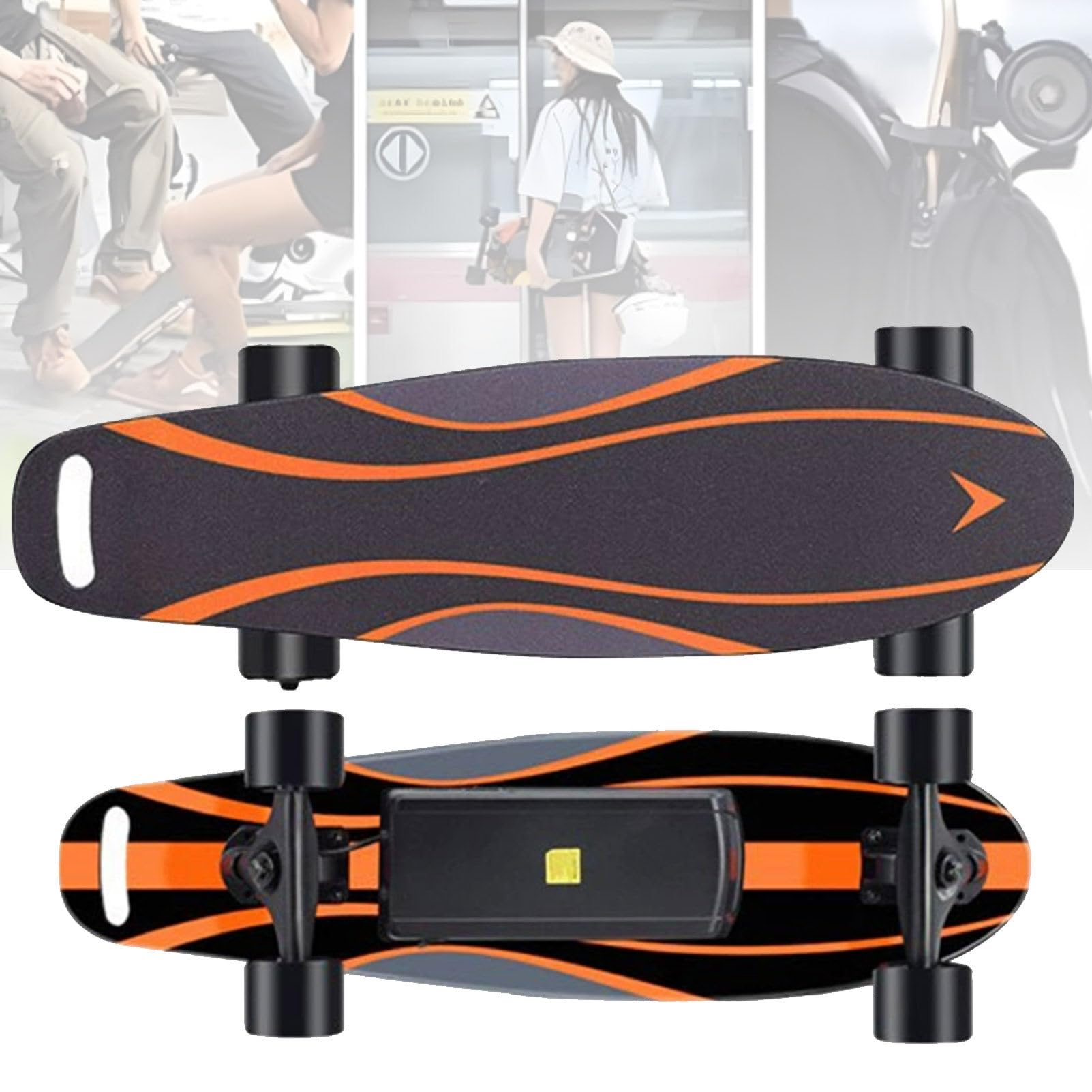Skateboard électrique avec télécommande, Longboard motorisé 15 km/h – Skateboard électrique pour Adultes et débutants, autonomie de 15 km, 4 Vitesses, poignée de Transport Pratique Orange