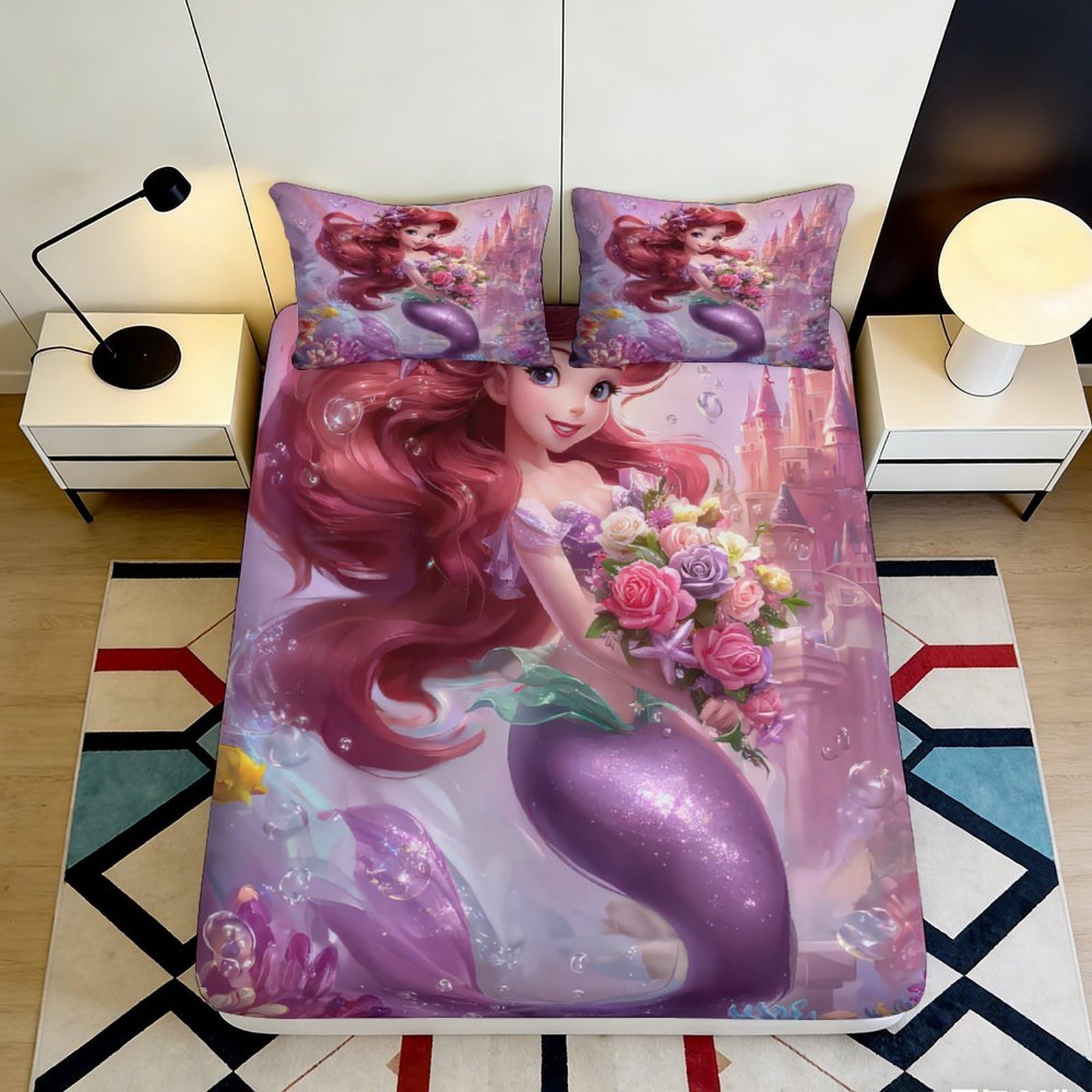 Pnayamiorkfel Style-9 3D Printed Mermaid Fantasy Fitted Sheet Microfiber Soft Purple Rose Dream Bed Cover For Bedroom Dorm Mattress Protection Decor 90X200x25cm