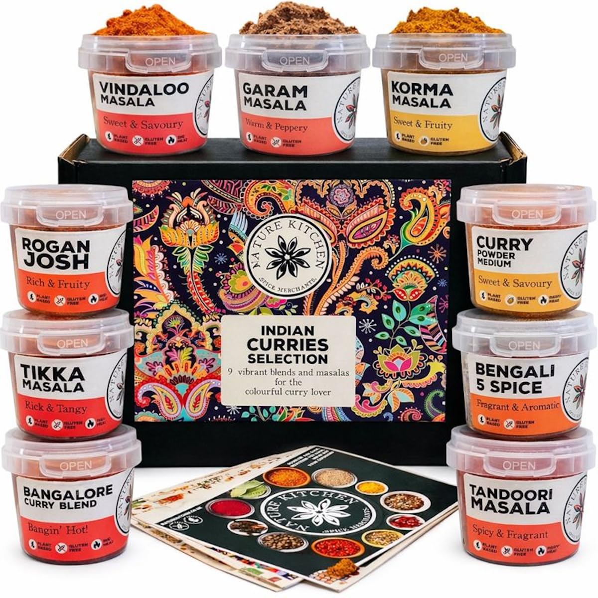 Nature Kitchen Indian Curry Gourmet Spice Seasoning Selection Mix Gift Set Kit. 9x Gluten-Free Herbs and Spices For Cooking Recipes. Including Blends For Vindaloo, Korma, Masalas and More