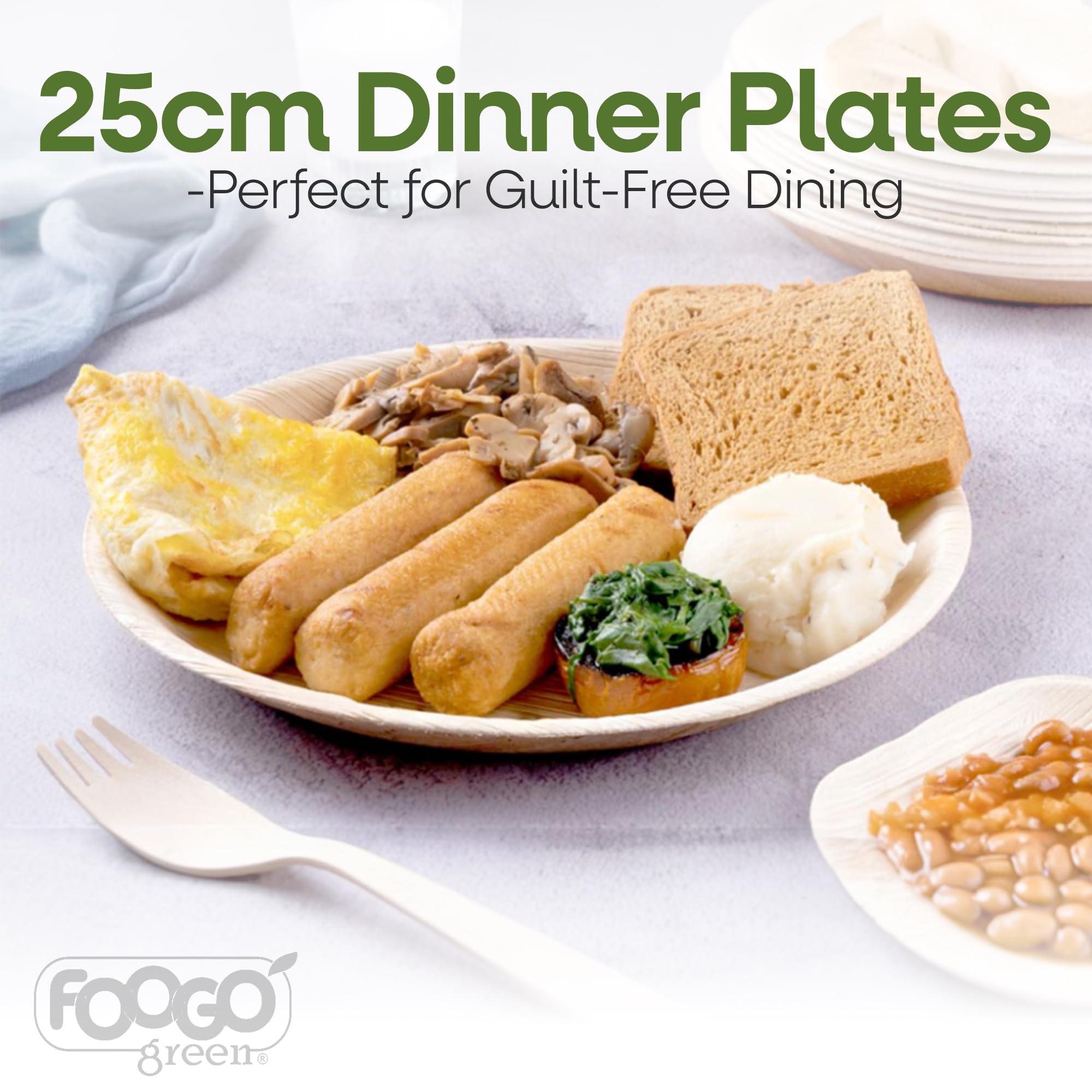 FOOGO Green 100 Piatti Monouso Foglia di Palma, Rotondi 25cm, Compostabili | Biodegradabili e compostabili, robusti per pietanze calde, venatura naturale unica, per matrimoni, picnic e feste
