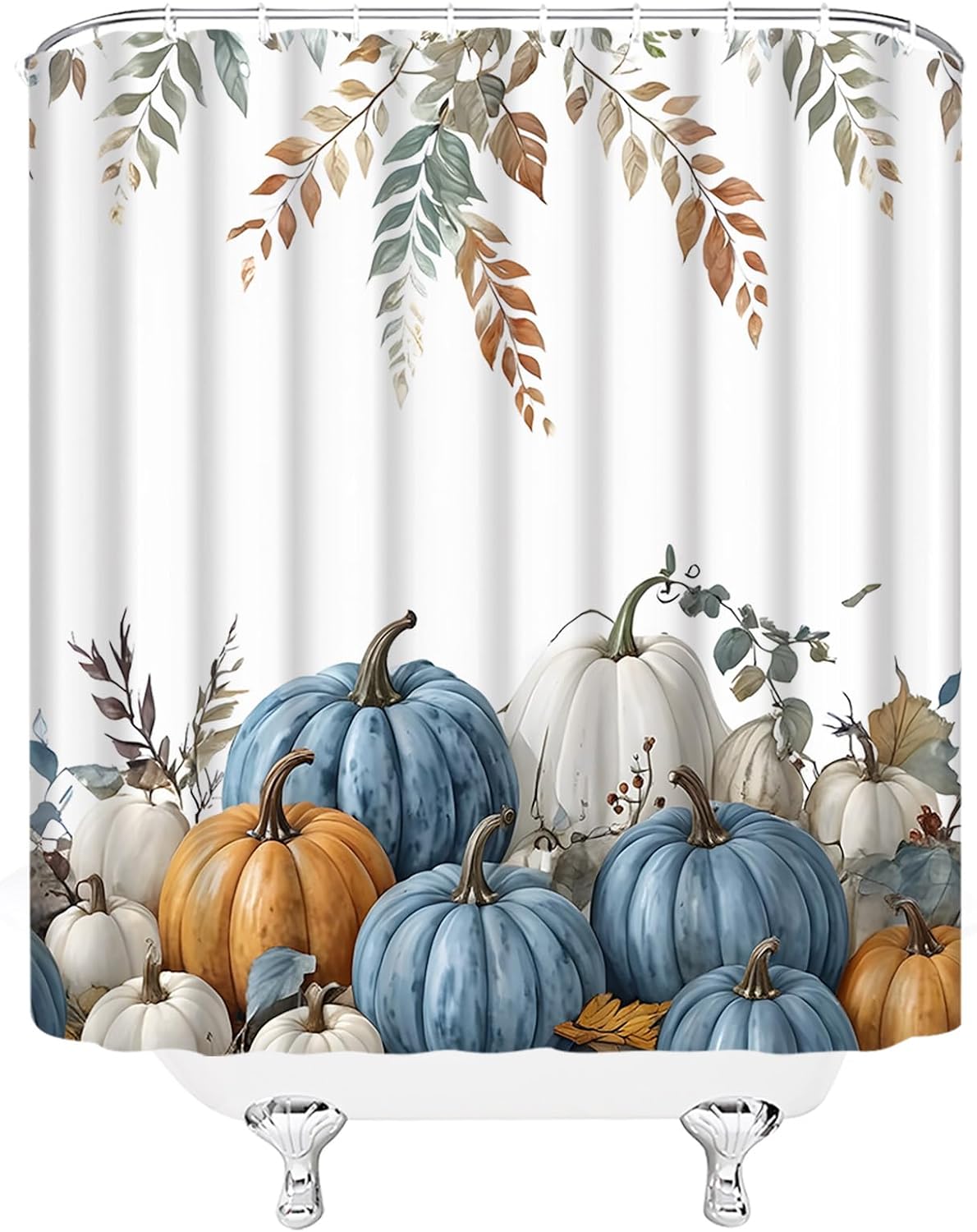 Fall Pumpkin Shower Curtain Autumn Thanksgiving Watercolor Blue Eucalyptus Leaves Botanical Harvest Fabric Decorative Bathroom Curtains with Hooks,Blue Orange