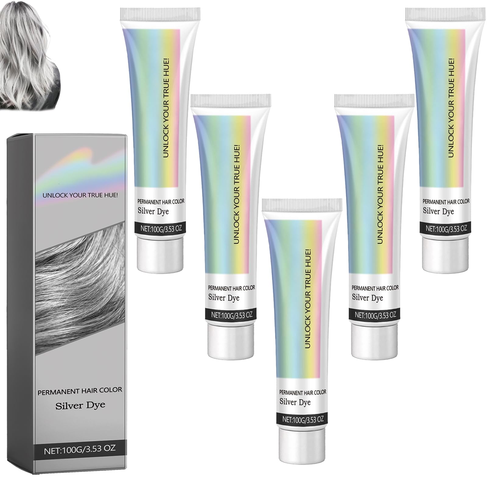 Color de cabello plateado con extracto de esencia natural, color permanente del cabello, unisex para mujeres y hombres, todo tipo de cabello (5 unidades)