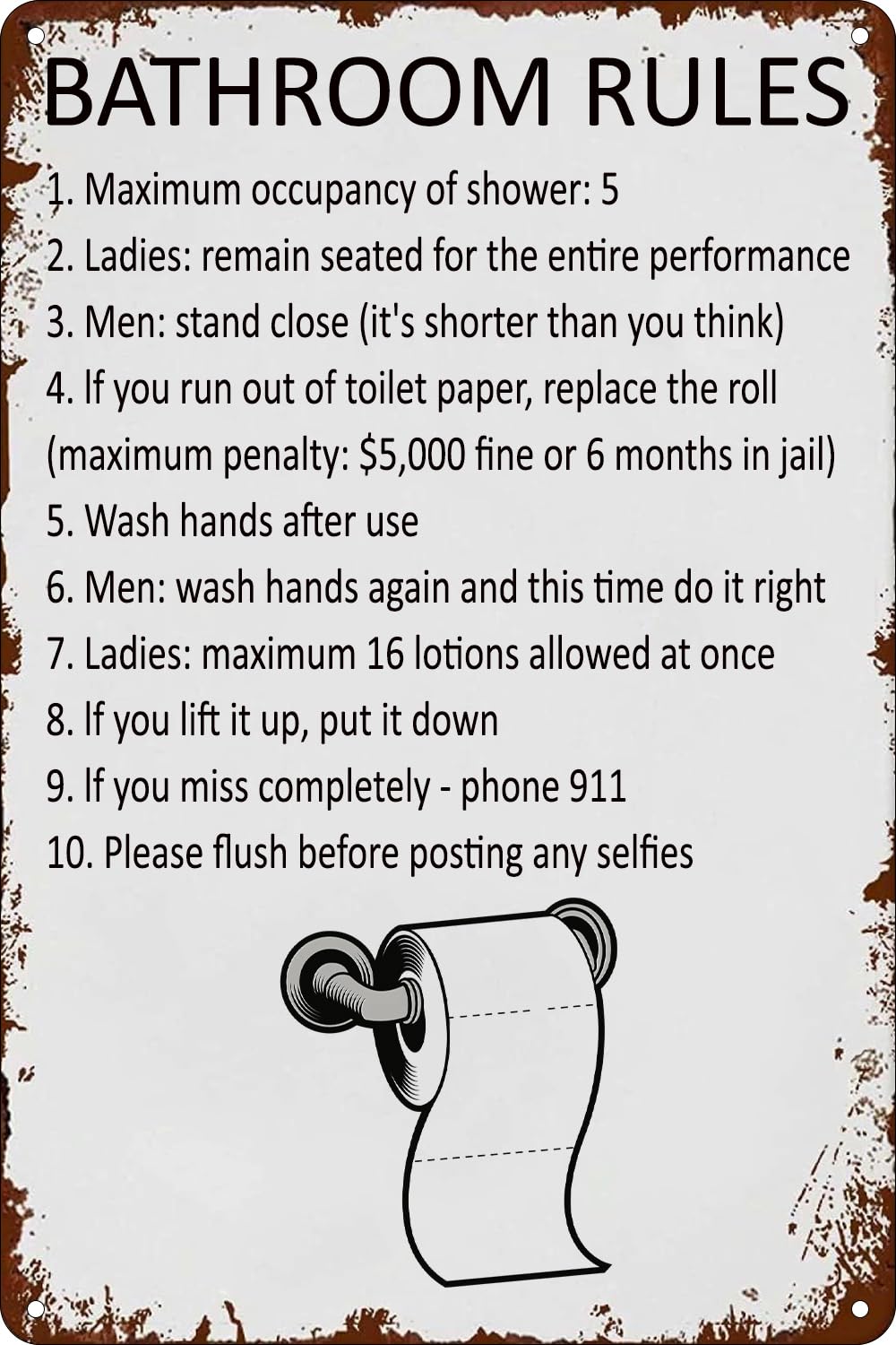 Funny Vintage Metal Tin Signs Bathroom Rules Retro Poster for Home Yard Signs Bar Hotel Cafe Pub Restaurant Indoor Outdoor Wall Art Decor Plaque Sign 6x8 Inch