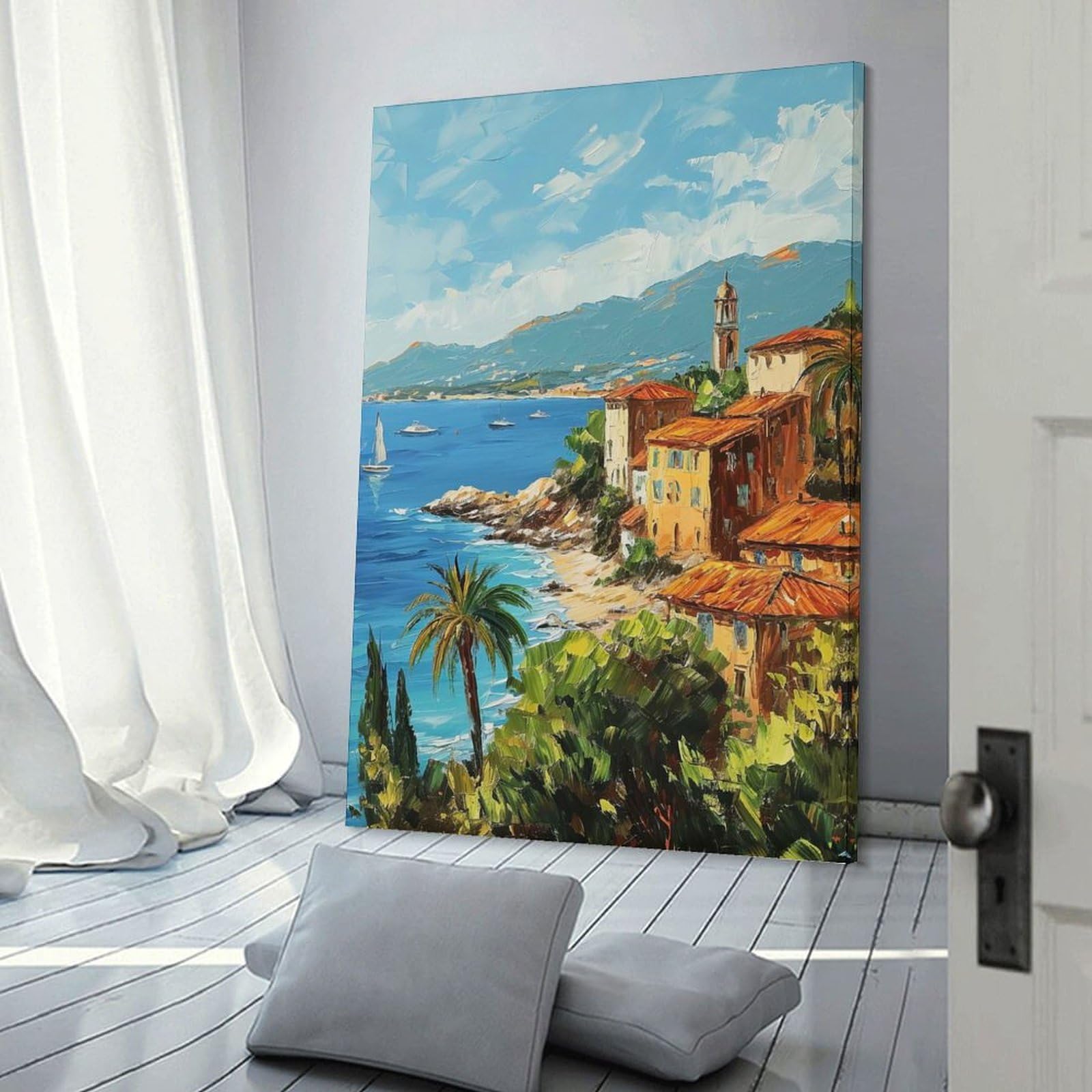 Junmoney Frame-Style-5 Coastal Town Painting With Sailboat Room Decor Wall Art 16X24inch(40X60cm), For Lounge Decor, Offices Or Entryway Styling, A Flexible Wall Accent For Shared Spaces